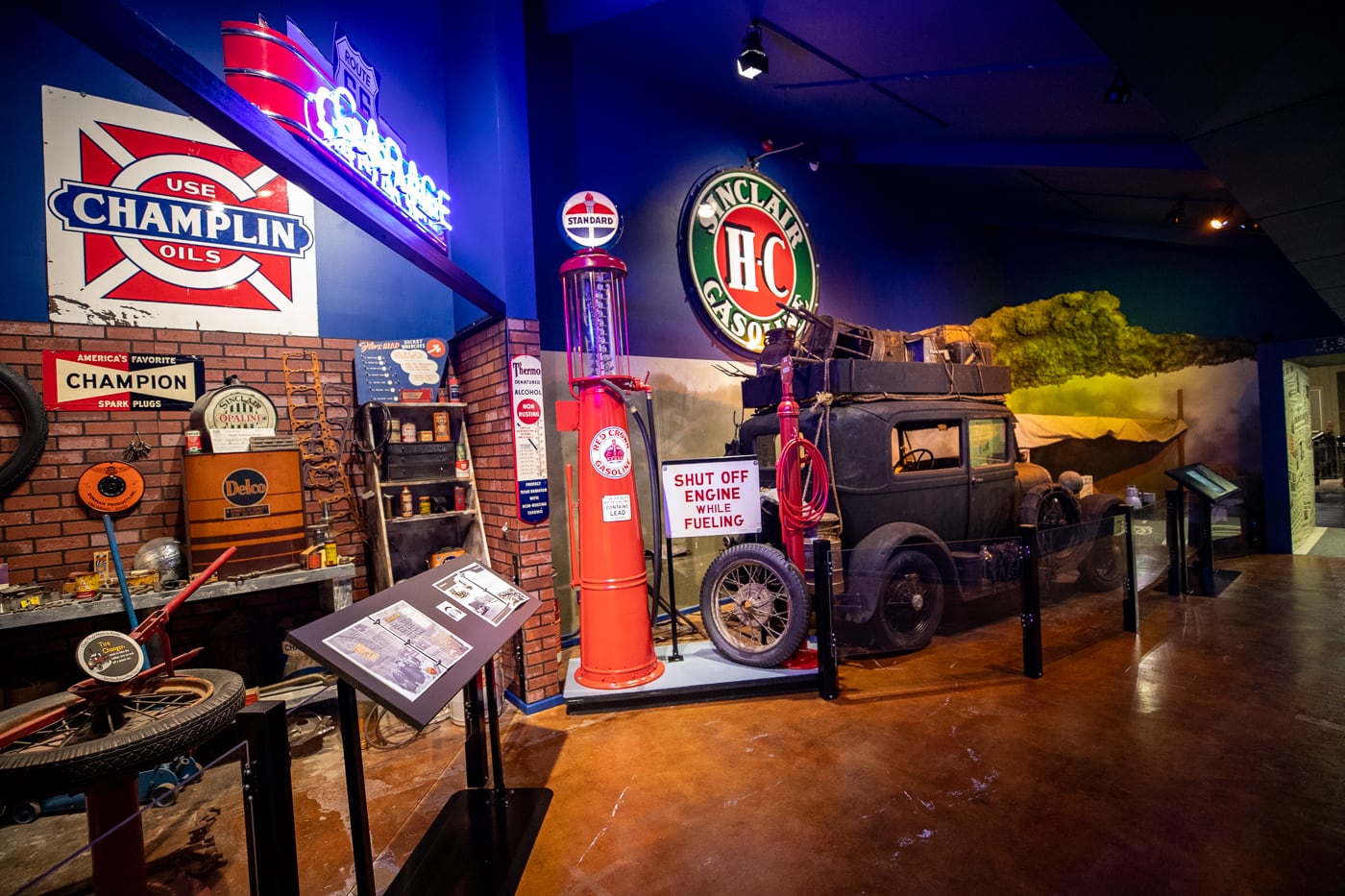 Vintage gas station display at the Oklahoma Route 66 Museum in Clinton, Oklahoma