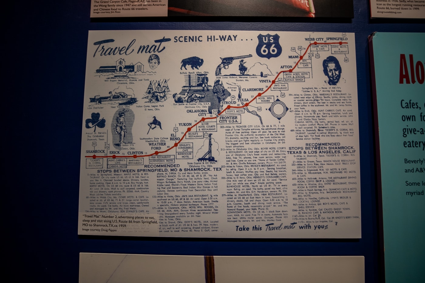 Travel Mat Route 66 map at the Oklahoma Route 66 Museum in Clinton, Oklahoma