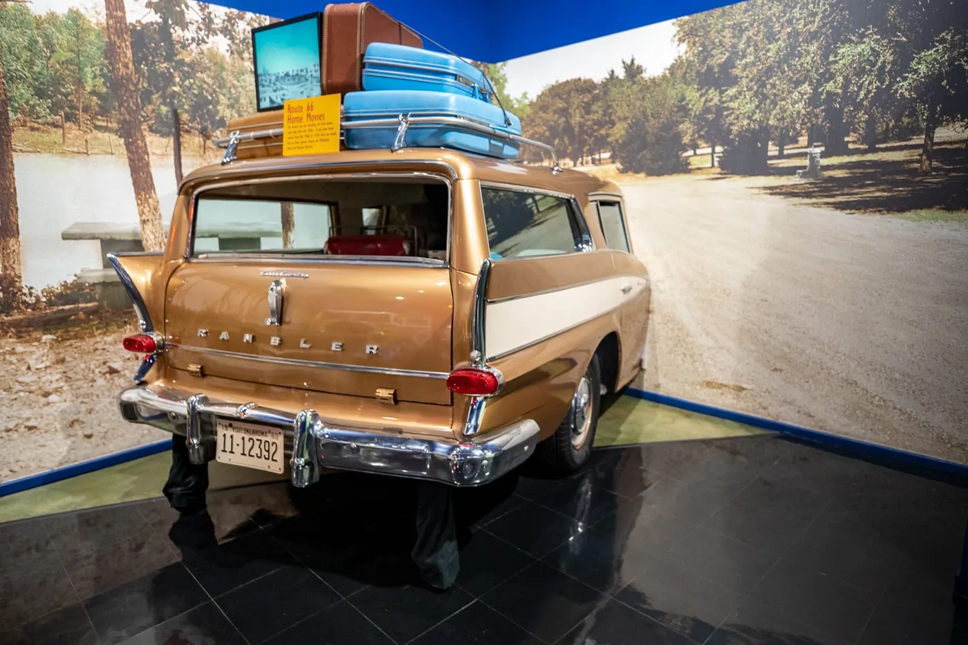 Rambler car packed for a family road trip at the Oklahoma Route 66 Museum in Clinton, Oklahoma