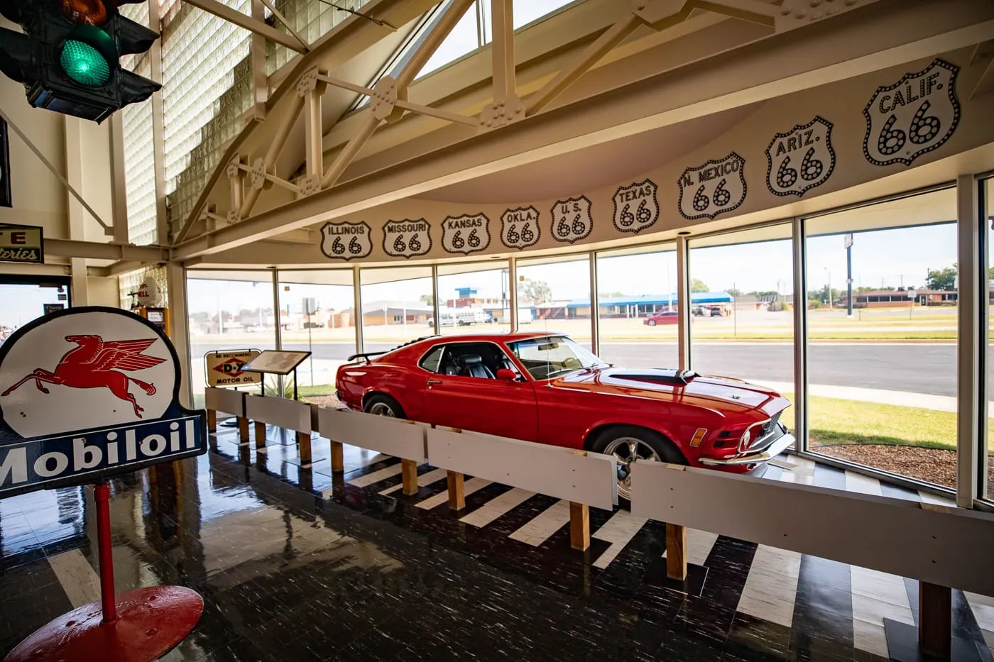 Red vintage car at the Oklahoma Route 66 Museum in Clinton, Oklahoma