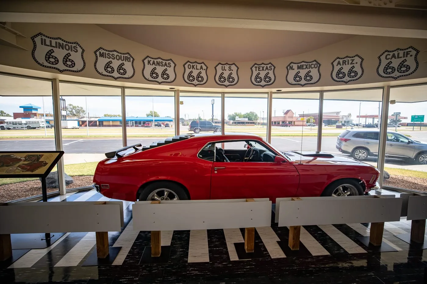 Red vintage car at the Oklahoma Route 66 Museum in Clinton, Oklahoma