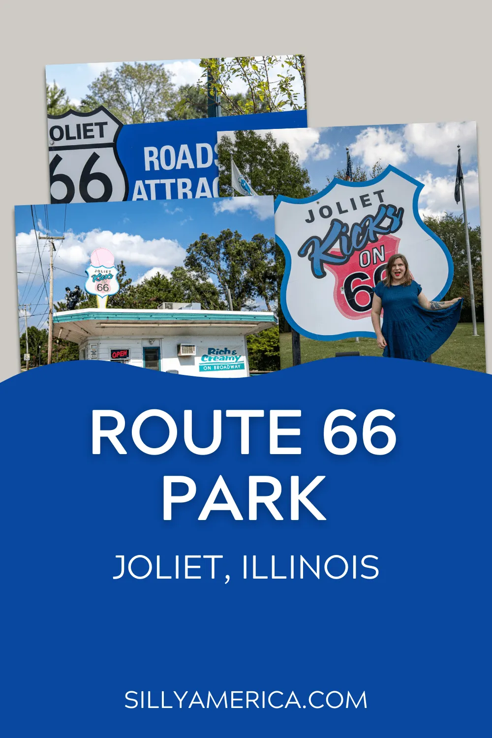 Joliet kicks on 66, and so can you. Stop at Route 66 Park in Joliet, Illinois to stretch your legs, get some ice cream, admire a historic prison, and maybe sing the blues. Stop at Rich & Creamy Ice Cream, see the Blues Brothers and Joliet Prison, and take selfies at the Joliet Kicks on 66 sign.  #RoadTrips #RoadTripStop #Route66 #Route66RoadTrip #IllinoisRoute66 #Illinois #IllinoisRoadTrip #IllinoisRoadsideAttractions #RoadsideAttractions #RoadsideAttraction #RoadsideAmerica #RoadTrip