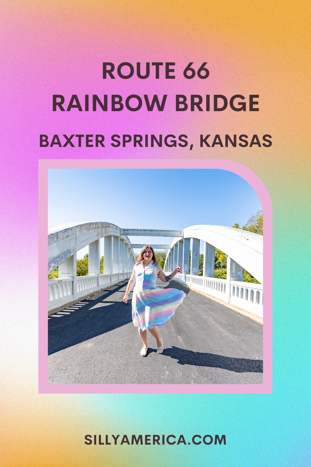 When Dorothy said she wanted to go somewhere over the rainbow, she might just have been talking about this Kansas Route 66 attraction. The Rainbow Bridge in Baxter Springs, Kansas. This is the only bridge of this type left on historic Route 66.  #RoadTrips #RoadTripStop #Route66 #Route66RoadTrip #KansasRoute66 #Kansas #KansasRoadTrip #KansasRoadsideAttractions #RoadsideAttractions #RoadsideAttraction #RoadsideAmerica #RoadTrip