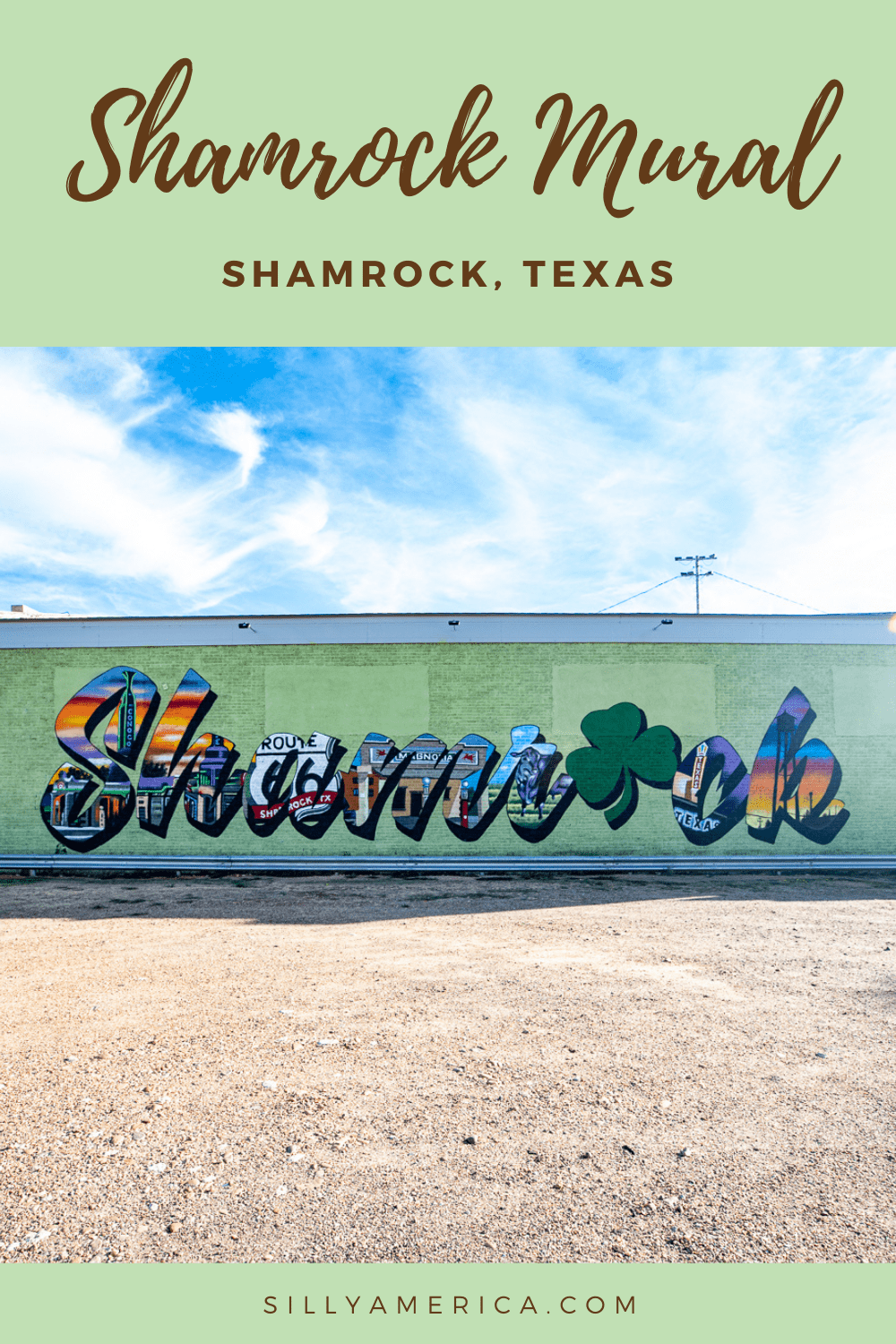 Shamrock, Texas is known for its Irish roots and place on Route 66. A new Shamrock, Texas Mural celebrates all the best the town has to offer.  #RoadTrips #RoadTripStop #Route66 #Route66RoadTrip #TexasRoute66 #Texas #TexasRoadTrip #TexasRoadsideAttractions #RoadsideAttractions #RoadsideAttraction #RoadsideAmerica #RoadTrip 