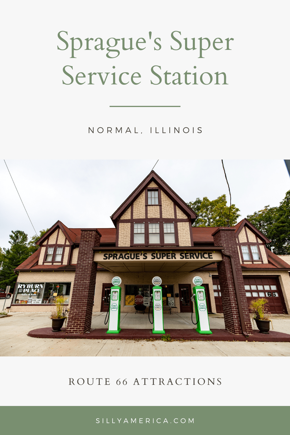 You might say that this Route 66 road trip stop is pretty super: Sprague's Super Service Station in Normal, Illinois. Visit this roadside attraction on an Illinois Route 66 road trip - add it to your bucket list and travel itinerary!  #RoadTrips #RoadTripStop #Route66 #Route66RoadTrip #IllinoisRoute66 #Illinois #IllinoisRoadTrip #IllinoisRoadsideAttractions #RoadsideAttractions #RoadsideAttraction #RoadsideAmerica #RoadTrip