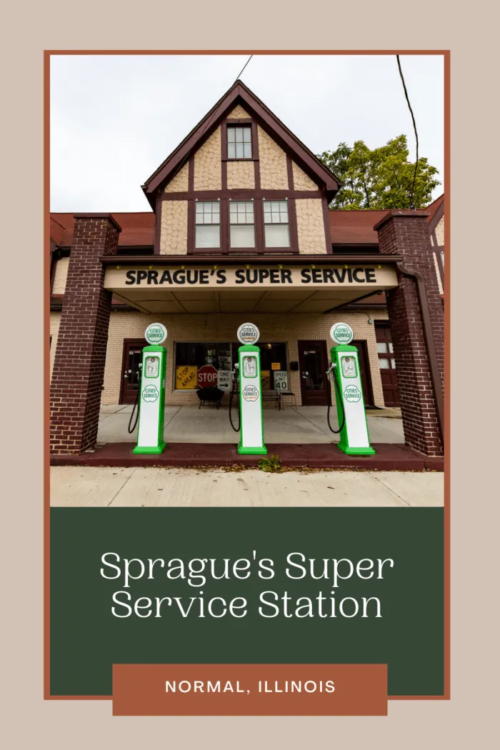 You might say that this Route 66 road trip stop is pretty super: Sprague's Super Service Station in Normal, Illinois. Visit this roadside attraction on an Illinois Route 66 road trip - add it to your bucket list and travel itinerary! #RoadTrips #RoadTripStop #Route66 #Route66RoadTrip #IllinoisRoute66 #Illinois #IllinoisRoadTrip #IllinoisRoadsideAttractions #RoadsideAttractions #RoadsideAttraction #RoadsideAmerica #RoadTrip