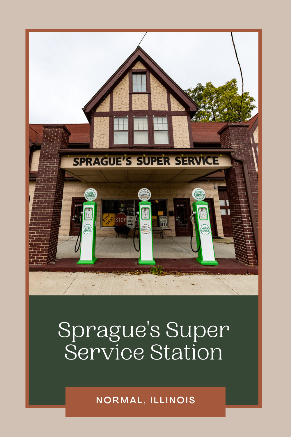 You might say that this Route 66 road trip stop is pretty super: Sprague's Super Service Station in Normal, Illinois. Visit this roadside attraction on an Illinois Route 66 road trip - add it to your bucket list and travel itinerary!  #RoadTrips #RoadTripStop #Route66 #Route66RoadTrip #IllinoisRoute66 #Illinois #IllinoisRoadTrip #IllinoisRoadsideAttractions #RoadsideAttractions #RoadsideAttraction #RoadsideAmerica #RoadTrip