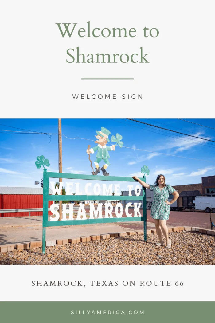 Welcome to Shamrock, Texas! A small town on Route 66 with big ties to Ireland! While you're in town visiting the Conoco Tower Station and U-Drop Inn Café and staying at the Shamrock Country Inn, do an Irish jig on over to Blarney Stone Plaza to take some photos with this Welcome to Shamrock sign, where the luck of the Irish is waiting for your selfie.  #RoadTrips #RoadTripStop #Route66 #Route66RoadTrip #TexasRoute66 #Texas #TexasRoadTrip #TexasRoadsideAttractions #RoadsideAttraction 