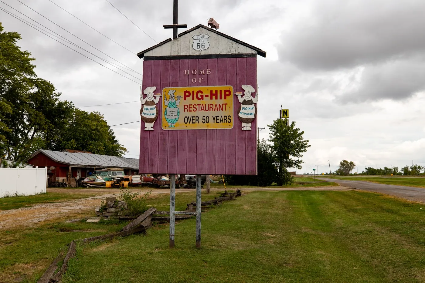 Pig Hip Sign & Restaurant Memorial in Broadwell, Illinois Route 66
