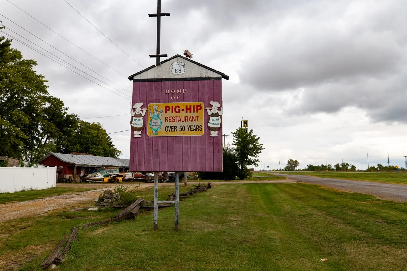 Pig Hip Sign & Restaurant Memorial in Broadwell, Illinois Route 66
