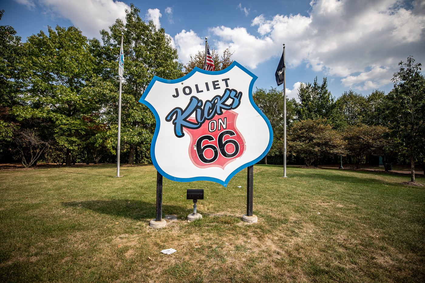 Giant Joliet Kicks on Route 66 sign at Route 66 Park in Joliet, Illinois