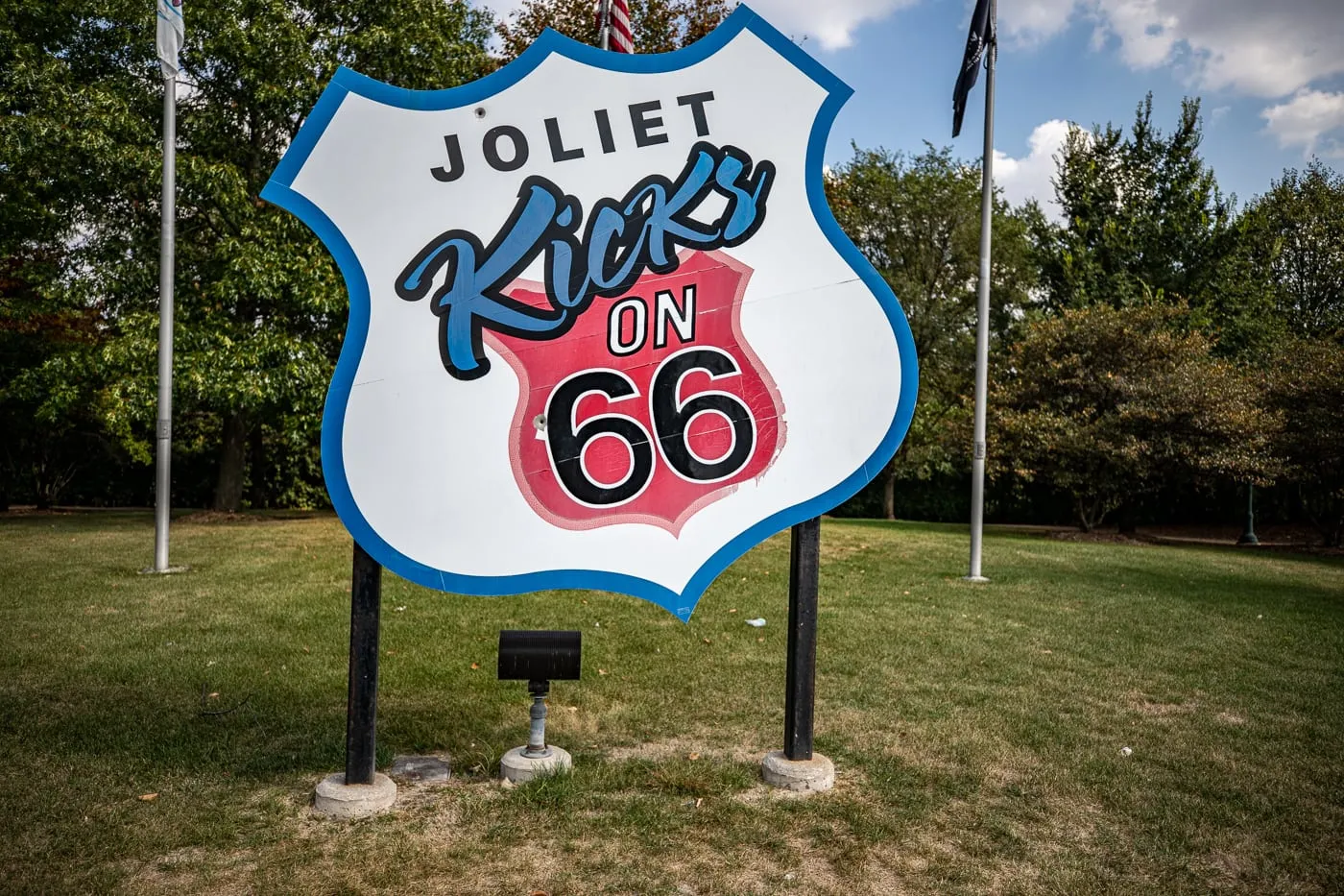 Giant Joliet Kicks on Route 66 sign at Route 66 Park in Joliet, Illinois