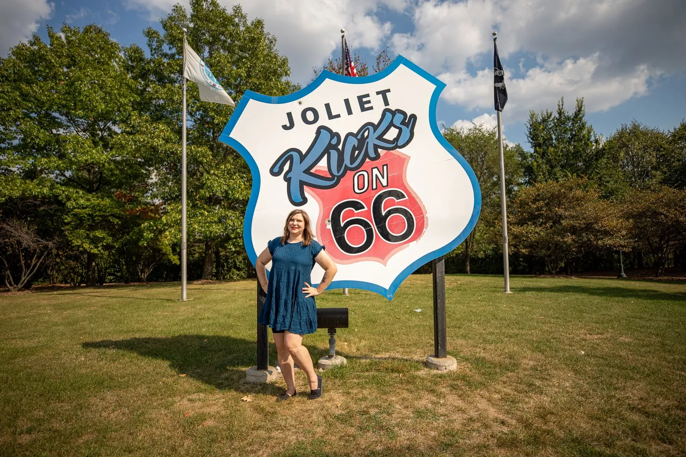 Giant Joliet Kicks on Route 66 sign at Route 66 Park in Joliet, Illinois