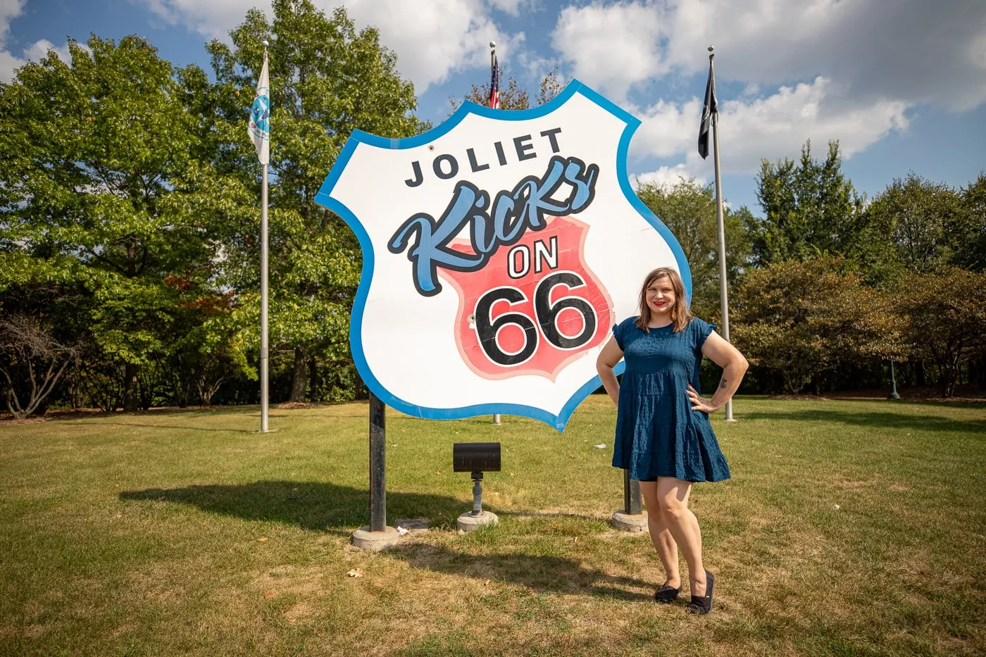 Giant Joliet Kicks on Route 66 sign at Route 66 Park in Joliet, Illinois