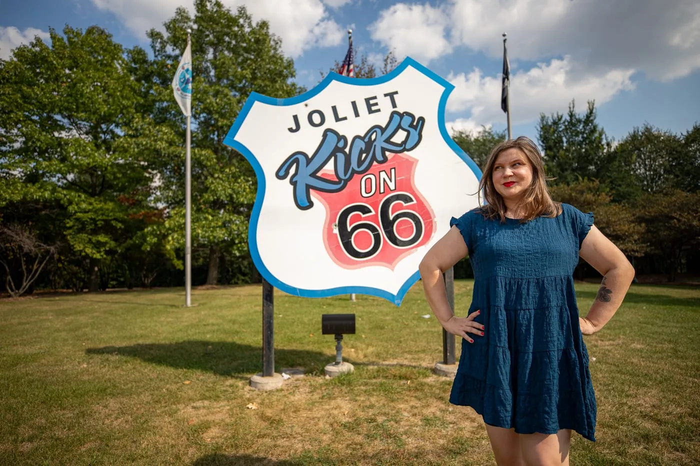 Giant Joliet Kicks on Route 66 sign at Route 66 Park in Joliet, Illinois