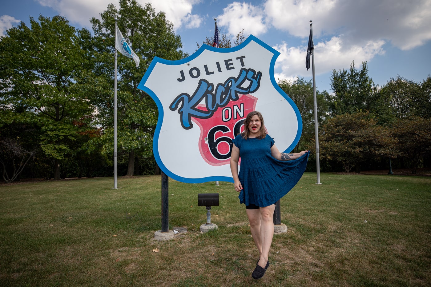 Giant Joliet Kicks on Route 66 sign at Route 66 Park in Joliet, Illinois