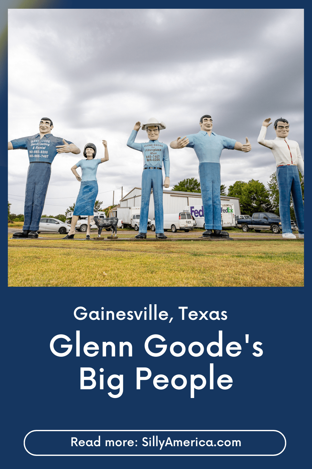 Glenn Goode's Big People in Gainesville, Texas showcases six roadside attractions in one. This gigantic collection is the work of Glen Goode, who assembled the giants in front of his sandblasting business. He acquired, repaired, and recasted giants from around the county including two muffler men, two Big Johns, a Uniroyal Gal, and a little fiberglass cow. Stop by on your Texas road trip. #Texas #TexasRoadTrip #RoadTripStop #RoadsideAttraction #RoadsideAttractions #TexasRoadsideAttraction