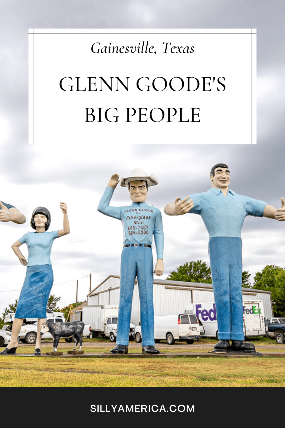 Glenn Goode's Big People in Gainesville, Texas showcases six roadside attractions in one. This gigantic collection is the work of Glen Goode, who assembled the giants in front of his sandblasting business. He acquired, repaired, and recasted giants from around the county including two muffler men, two Big Johns, a Uniroyal Gal, and a little fiberglass cow. Stop by on your Texas road trip. #Texas #TexasRoadTrip #RoadTripStop #RoadsideAttraction #RoadsideAttractions #TexasRoadsideAttraction