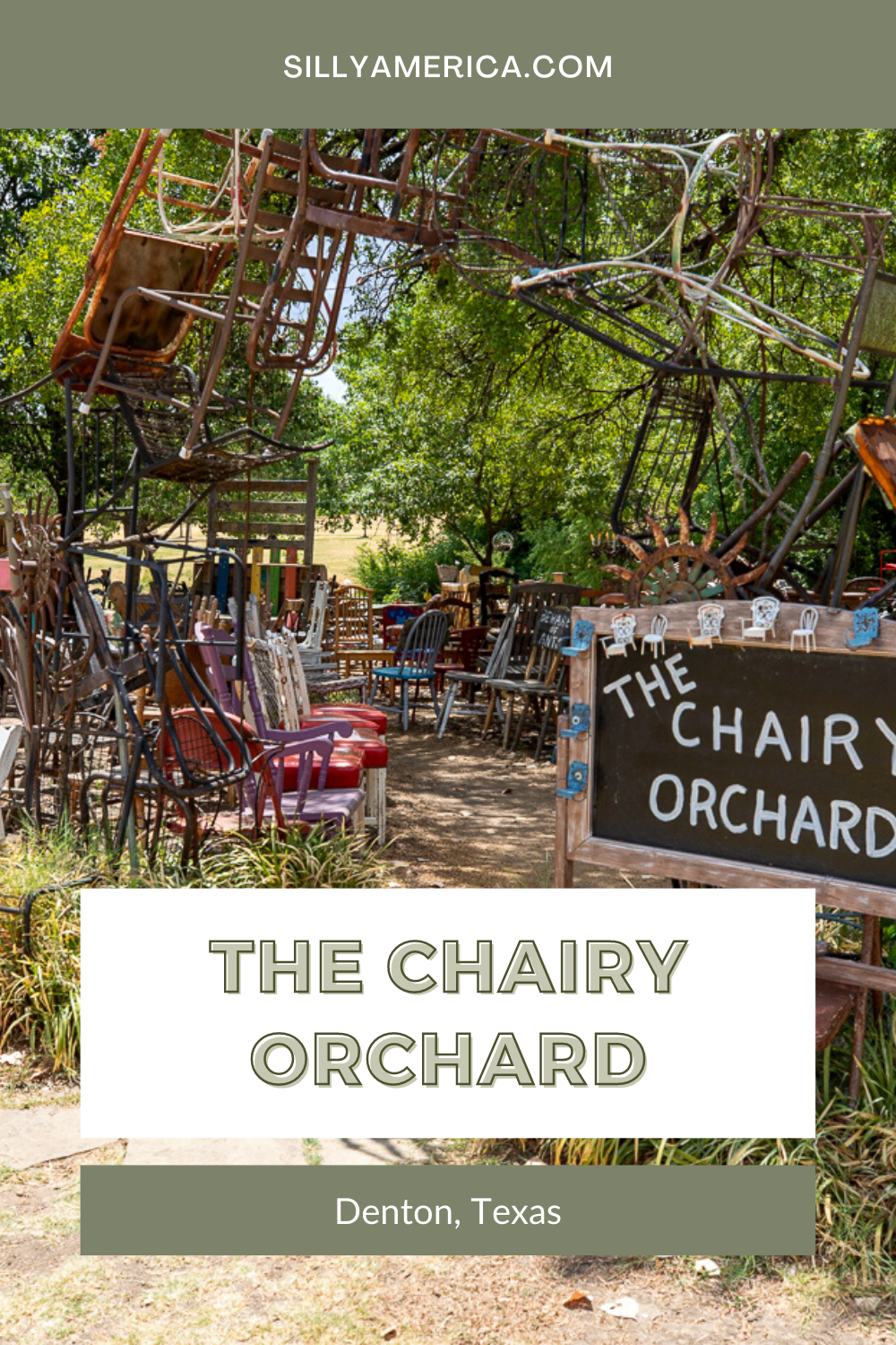 The Chairy Orchard in Denton, Texas might be a little different than what you're expecting. If you show up thinking that you're going to spend the day picking fruit, you might be a little disappointed. But that type of orchard takes a backseat to this type. If you're looking for a unique Texas roadside attraction, get ready to take a seat, at this orchard, you'll find chairs, not cherries. #Texas #TexasRoadTrip #RoadTripStop #RoadsideAttraction #RoadsideAttractions #TexasRoadsideAttraction