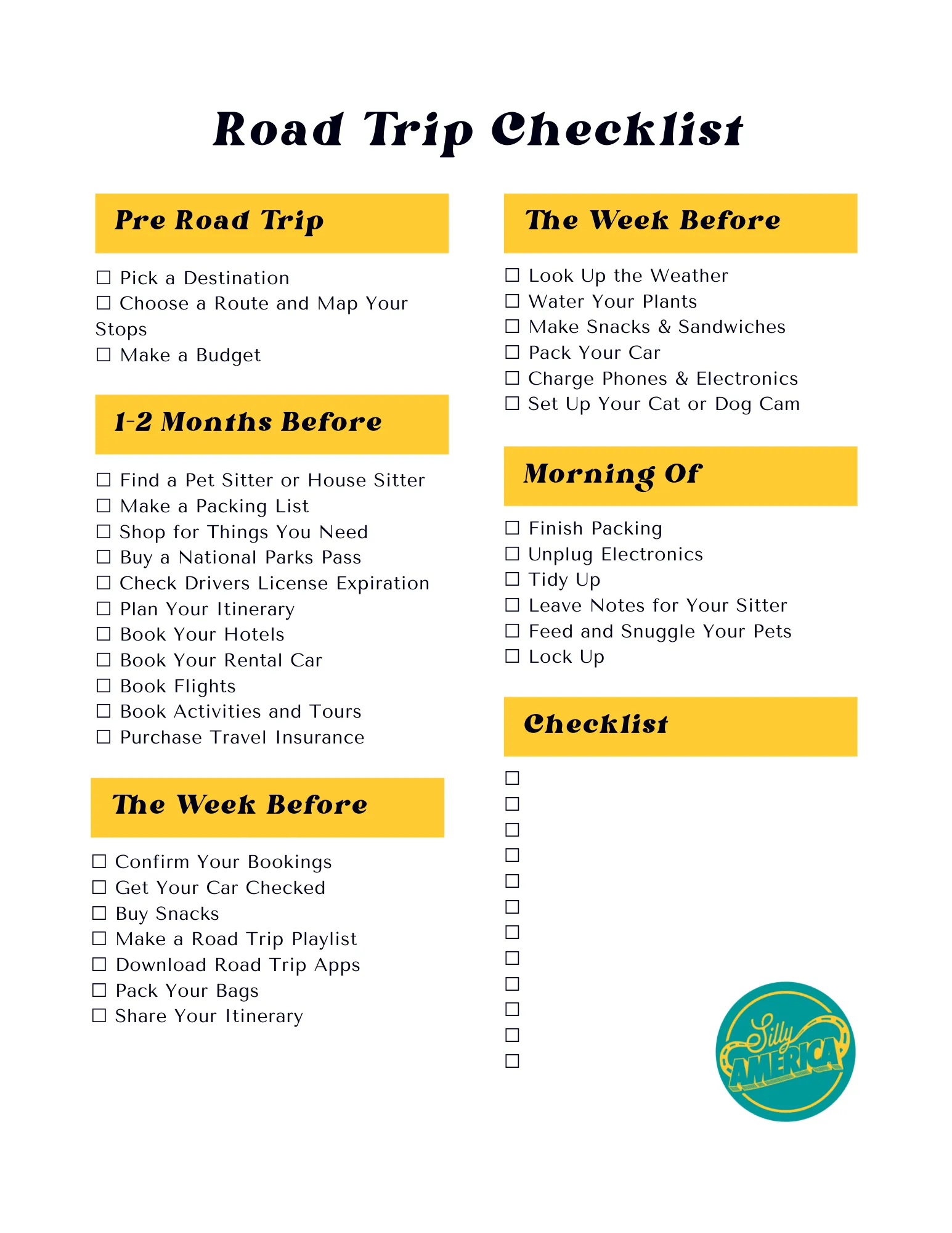 Silly America Free Printable Road Trip Checklist PDF - Road Trip Planning Document