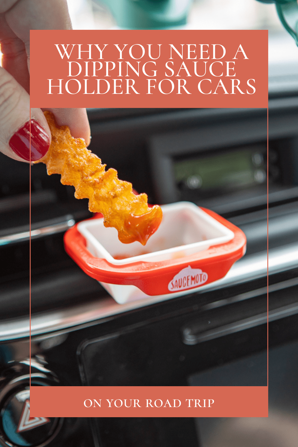 If you love taking road trips, here is something unusual that you just have to pack: a Saucemoto dipping sauce holder for cars. A car dipping sauce holder, like the Saucemoto Dip Clip, clips into your car's air vent and provides a convenient container for whatever condiment you prefer. Click through to find out why this is a must have road trip accessory! #RoadTrip #FastFood #DippingSauce #Condiments #RoadTripFood #Saucemoto