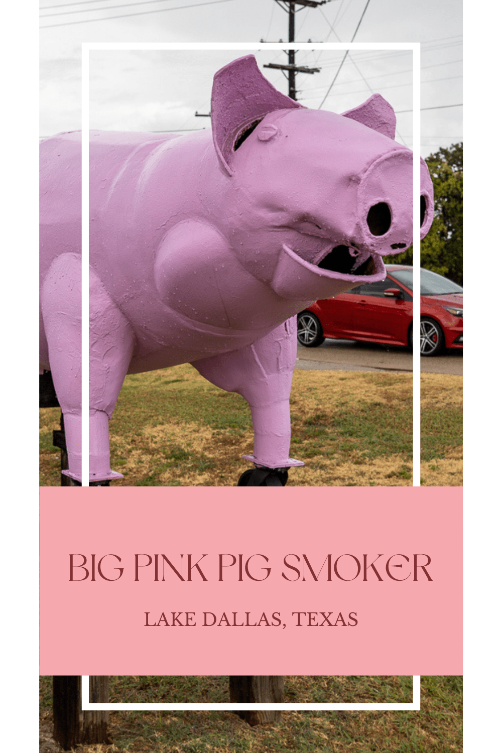 I found this Texas roadside attraction and didn’t want to hog it for myself. This big pink pig smoker at Chasin’ Tail BBQ in Lake Dallas, Texas is anything but boar-ing. The homemade meat smoker makes a clever twist out of a piece of equipment used to smoke the meats you find at most Texas barbecues. #Texas #TexasRoadTrip #RoadTripStop #RoadsideAttraction #RoadsideAttractions #TexasRoadsideAttraction