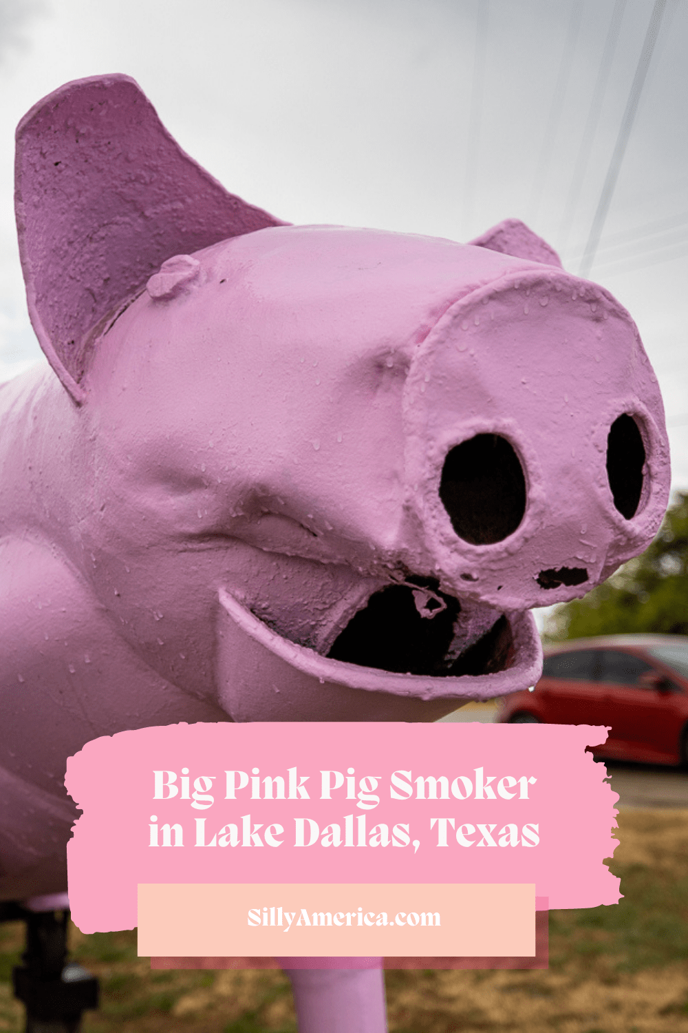 I found this Texas roadside attraction and didn’t want to hog it for myself. This big pink pig smoker at Chasin’ Tail BBQ in Lake Dallas, Texas is anything but boar-ing. The homemade meat smoker makes a clever twist out of a piece of equipment used to smoke the meats you find at most Texas barbecues. #Texas #TexasRoadTrip #RoadTripStop #RoadsideAttraction #RoadsideAttractions #TexasRoadsideAttraction