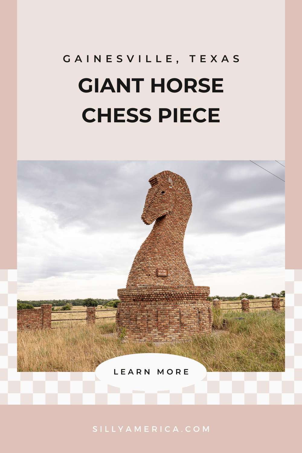 If you've ever driven I-35 between Oklahoma and Texas, you've probably seen this roadside attraction. After all, it is just a pawn meant to lure you off the highway: the Giant Horse Chess Piece in Gainesville, Texas. Visit the Brick Chess Knight roadside attraction on a Texas road trip or day trip from Dallas. #Texas #TexasRoadTrip #RoadTripStop #RoadsideAttraction #RoadsideAttractions #TexasRoadsideAttraction