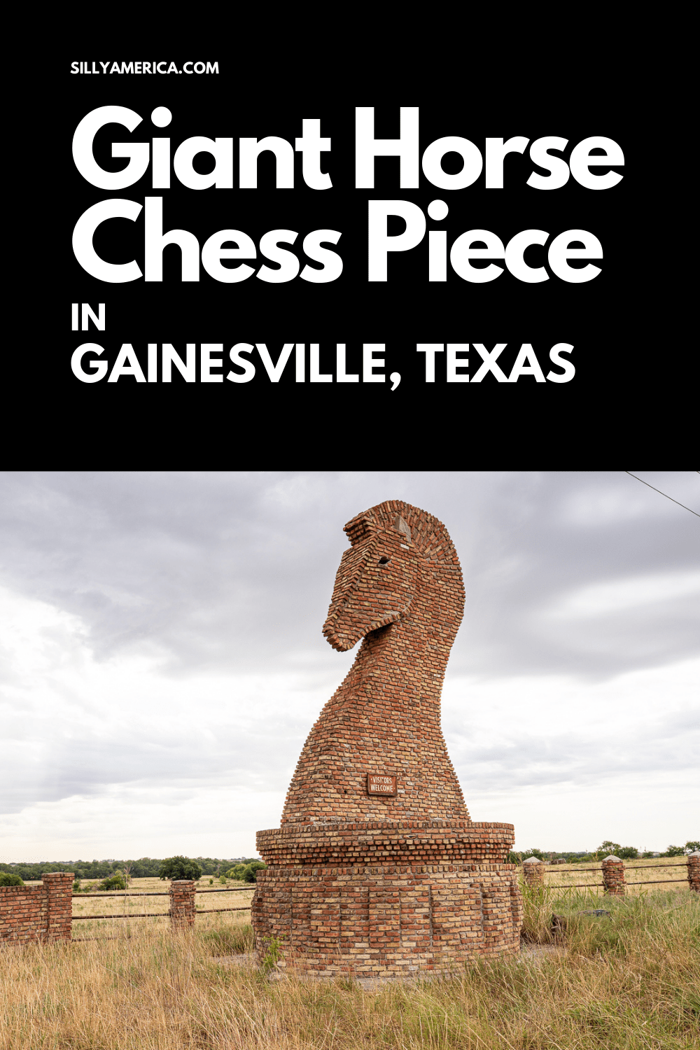 If you've ever driven I-35 between Oklahoma and Texas, you've probably seen this roadside attraction. After all, it is just a pawn meant to lure you off the highway: the Giant Horse Chess Piece in Gainesville, Texas. Visit the Brick Chess Knight roadside attraction on a Texas road trip or day trip from Dallas. #Texas #TexasRoadTrip #RoadTripStop #RoadsideAttraction #RoadsideAttractions #TexasRoadsideAttraction