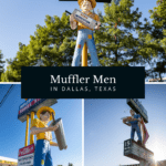 There are three Muffler Men in Dallas, Texas and each one of them actually carries a muffler. There's a standard muffler man and two happy halfwits. This roadside attraction was popular in the 1960s and can still be found on a US road trip or Texas road trip today. #Texas #DallasTexas #RoadTrip #TexasRoadTrip #RoadsideAttraction #RoadsideAttractions