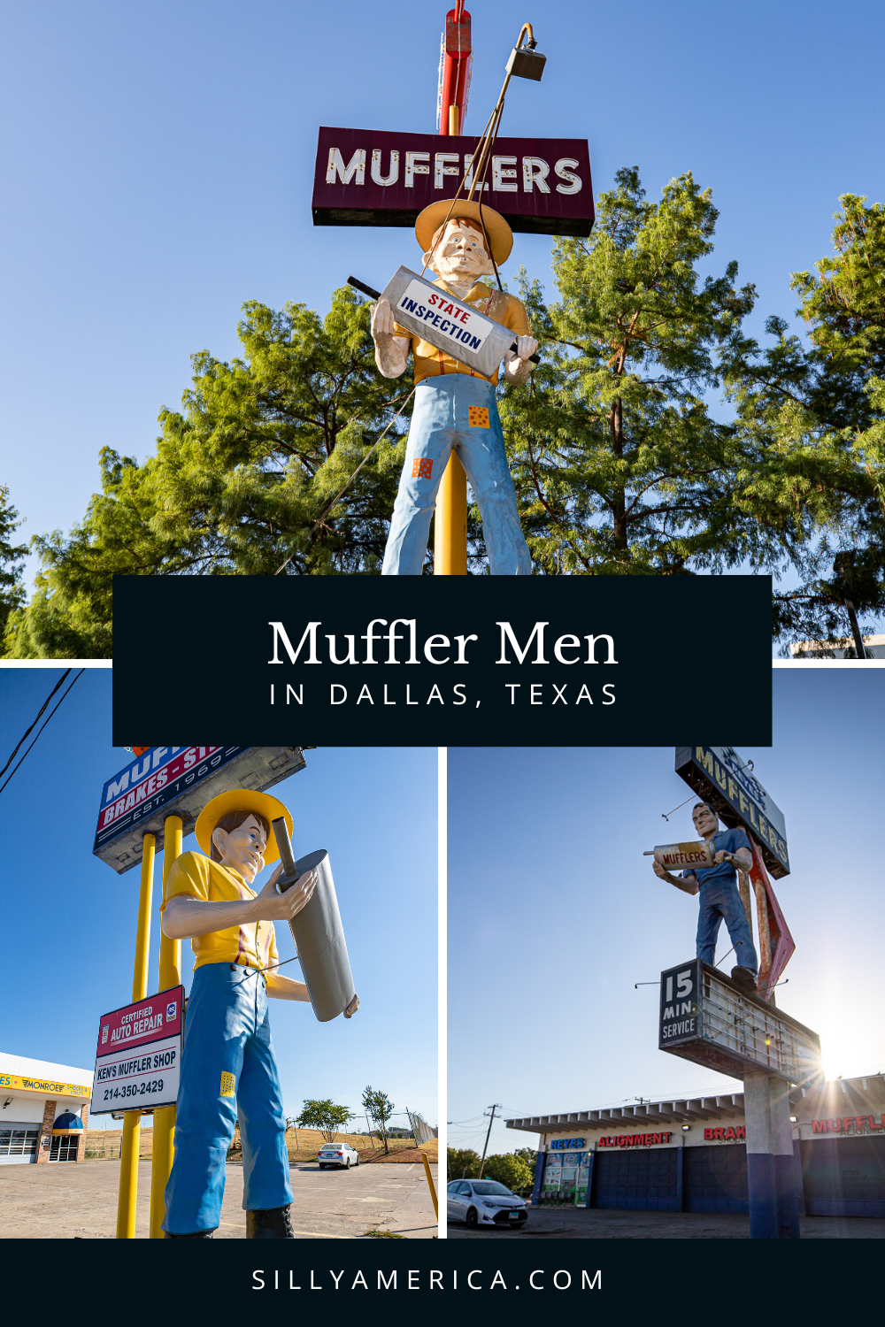 There are three Muffler Men in Dallas, Texas and each one of them actually carries a muffler. There's a standard muffler man and two happy halfwits. This roadside attraction was popular in the 1960s and can still be found on a US road trip or Texas road trip today. #Texas #DallasTexas #RoadTrip #TexasRoadTrip #RoadsideAttraction #RoadsideAttractions