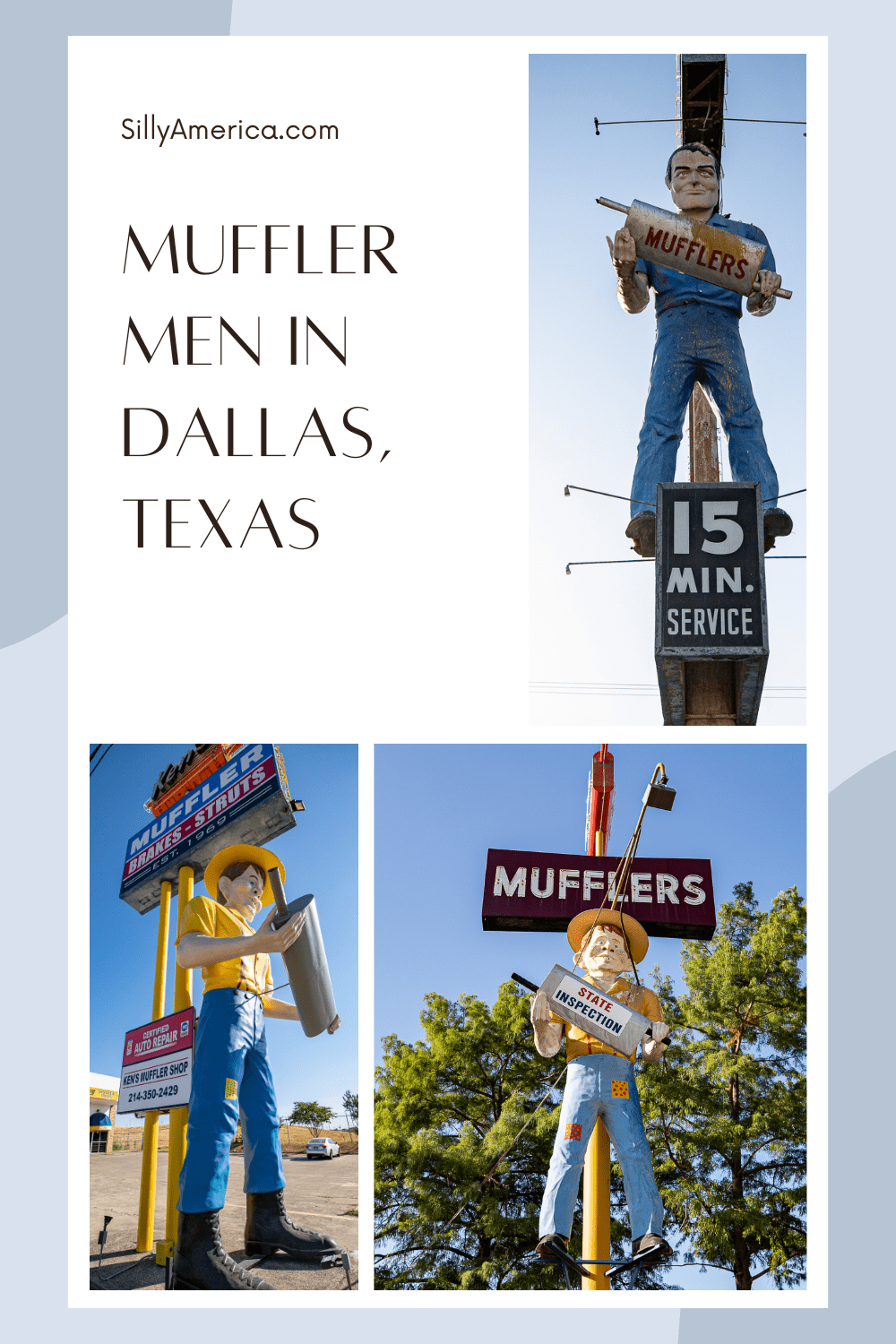 There are three Muffler Men in Dallas, Texas and each one of them actually carries a muffler. There's a standard muffler man and two happy halfwits. This roadside attraction was popular in the 1960s and can still be found on a US road trip or Texas road trip today. #Texas #DallasTexas #RoadTrip #TexasRoadTrip #RoadsideAttraction #RoadsideAttractions