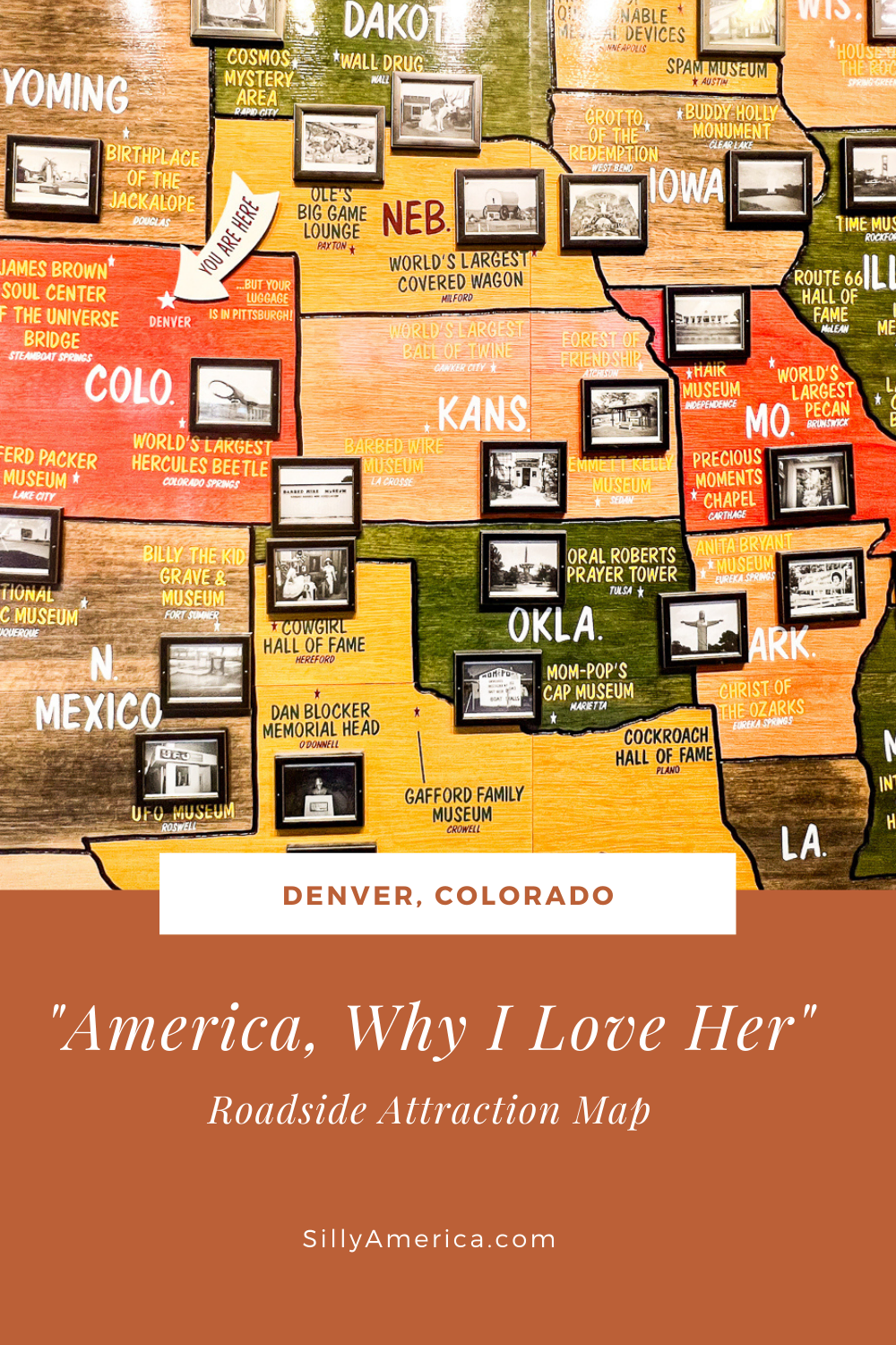 If you're traveling through the Denver International Airport in Colorado keep an eye out for this piece of art: “America, Why I Love Her,” a map of roadside attractions. The giant roadside attractions map is located near baggage claim in the Denver airport. Created by Gary Sweeney, the mixed media mural was inspired by the family road trips he took in his childhood. #RoadTrip #ColoradoRoadTrip #Denver #DenverRoadTrip #RoadsideAttraction #RoadsideAttractions #DenverRoadsdieAttraction