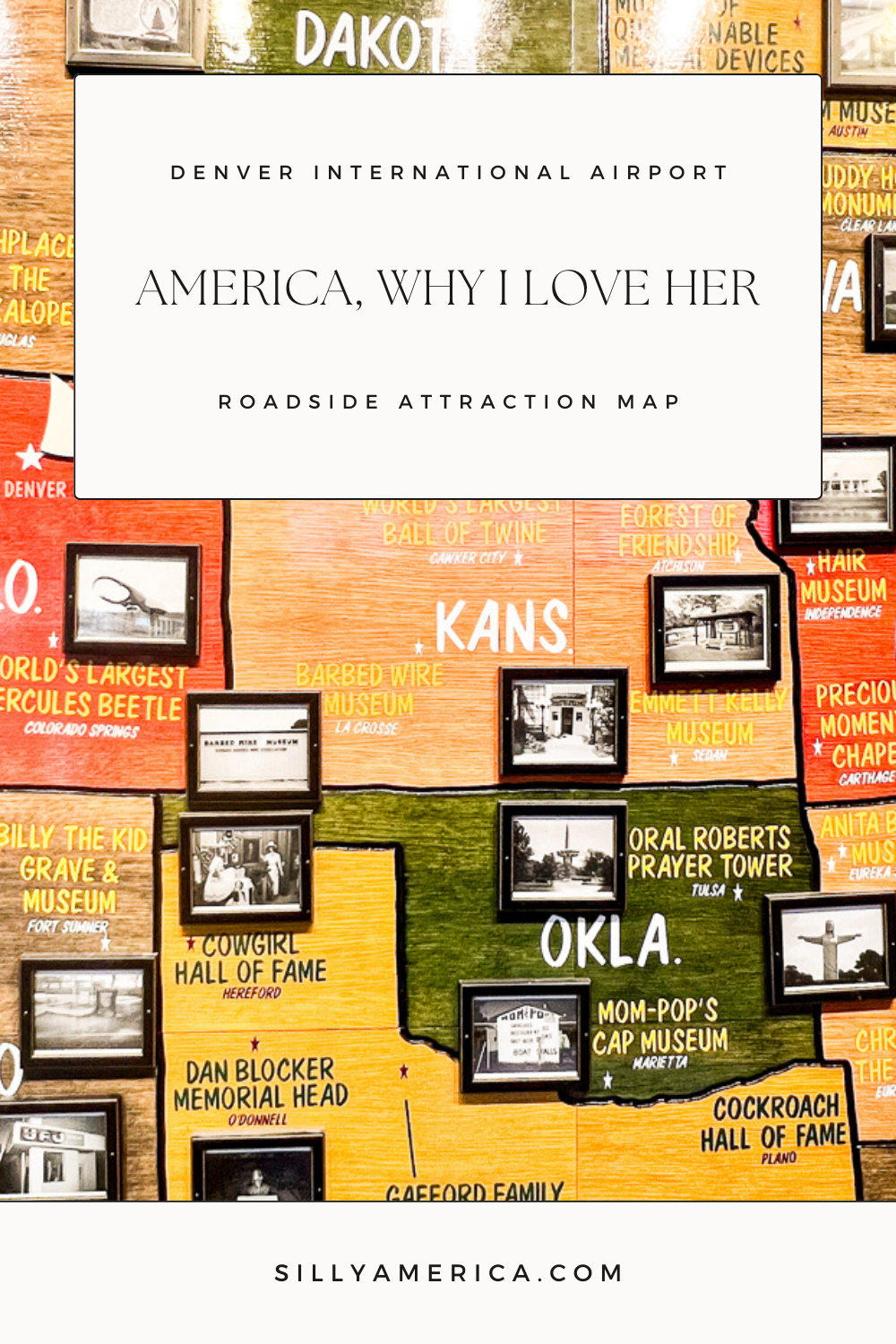 If you're traveling through the Denver International Airport in Colorado keep an eye out for this piece of art: “America, Why I Love Her,” a map of roadside attractions. The giant roadside attractions map is located near baggage claim in the Denver airport. Created by Gary Sweeney, the mixed media mural was inspired by the family road trips he took in his childhood. #RoadTrip #ColoradoRoadTrip #Denver #DenverRoadTrip #RoadsideAttraction #RoadsideAttractions #DenverRoadsdieAttraction