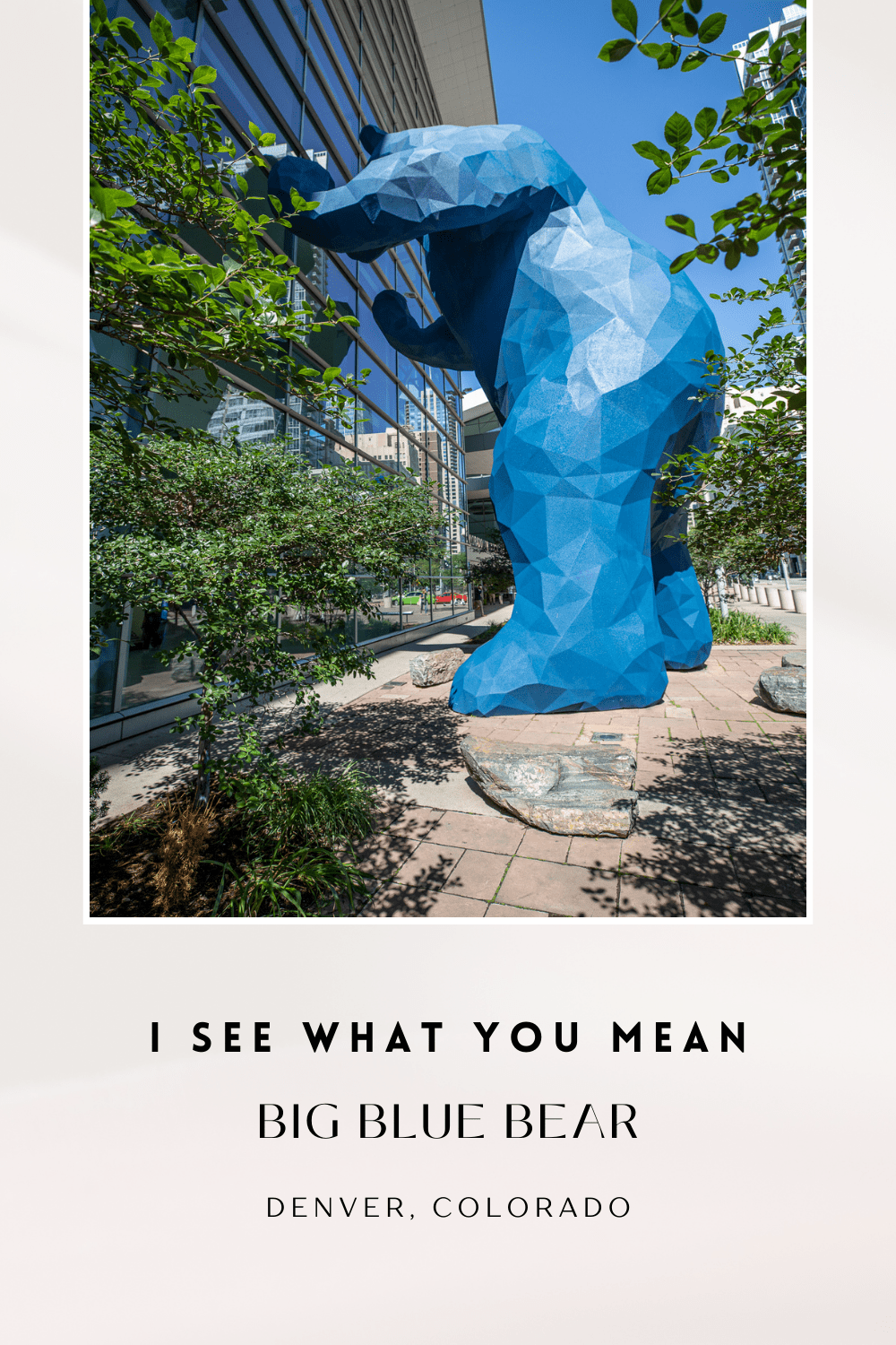 This Denver roadside attraction is so big, I can hardly bear it. And it definitely didn't leave me feeling blue. It's the Big Blue Bear in Denver, Colorado outside the Colorado Convention Center downtown. Otherwise known as, "I See What You Mean." VIsit this Denver roadside attraction on your Colorado road trip. #Colorado #ColoradoRoadTrip #ColoradoRoadsideAttraction #Denver #DenverRoadTrip #DenverRoadsideAttraction