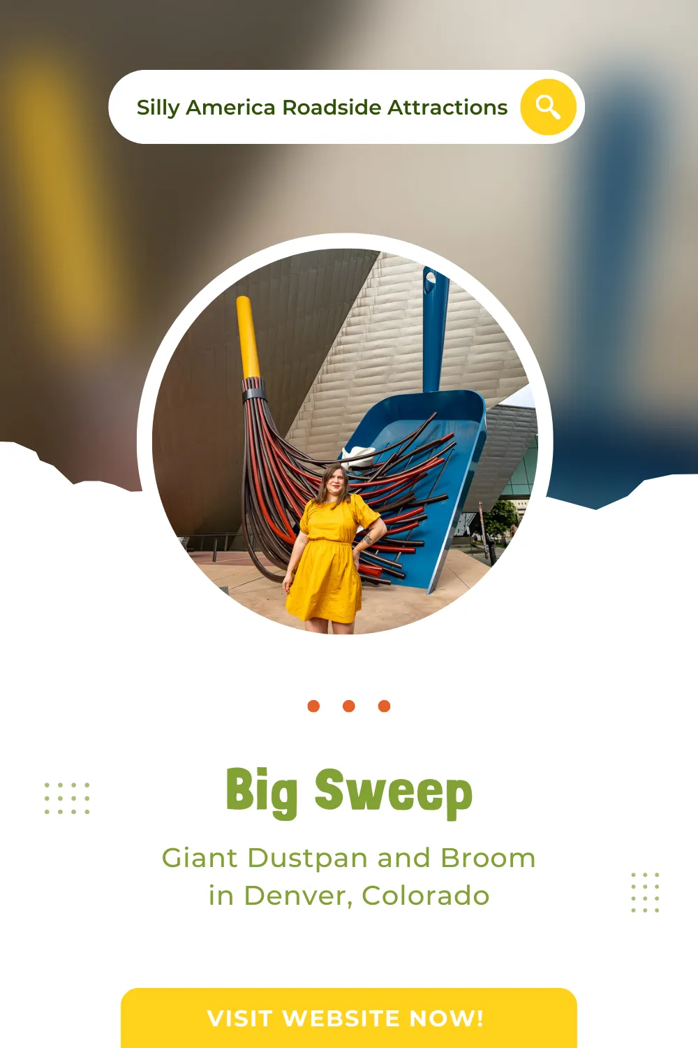Don't sweep on this Colorado roadside attraction. Big Sweep in Denver, Colorado is a giant dustpan and broom found just outside the Denver Art Museum. The Big Sweep was made by pop artists Claes Oldenburg (1929-2022) and Coosje van Bruggen (1941-2009). The sculptors are known for their oversized renderings of everyday things. #Colorado #Denver #ColoradoRoadTrip #roadTrip #RoadsideAttraction #RoadsideAttractions #ColoradoRoadsideAttraction #ColoradoRoadsideAttractions
