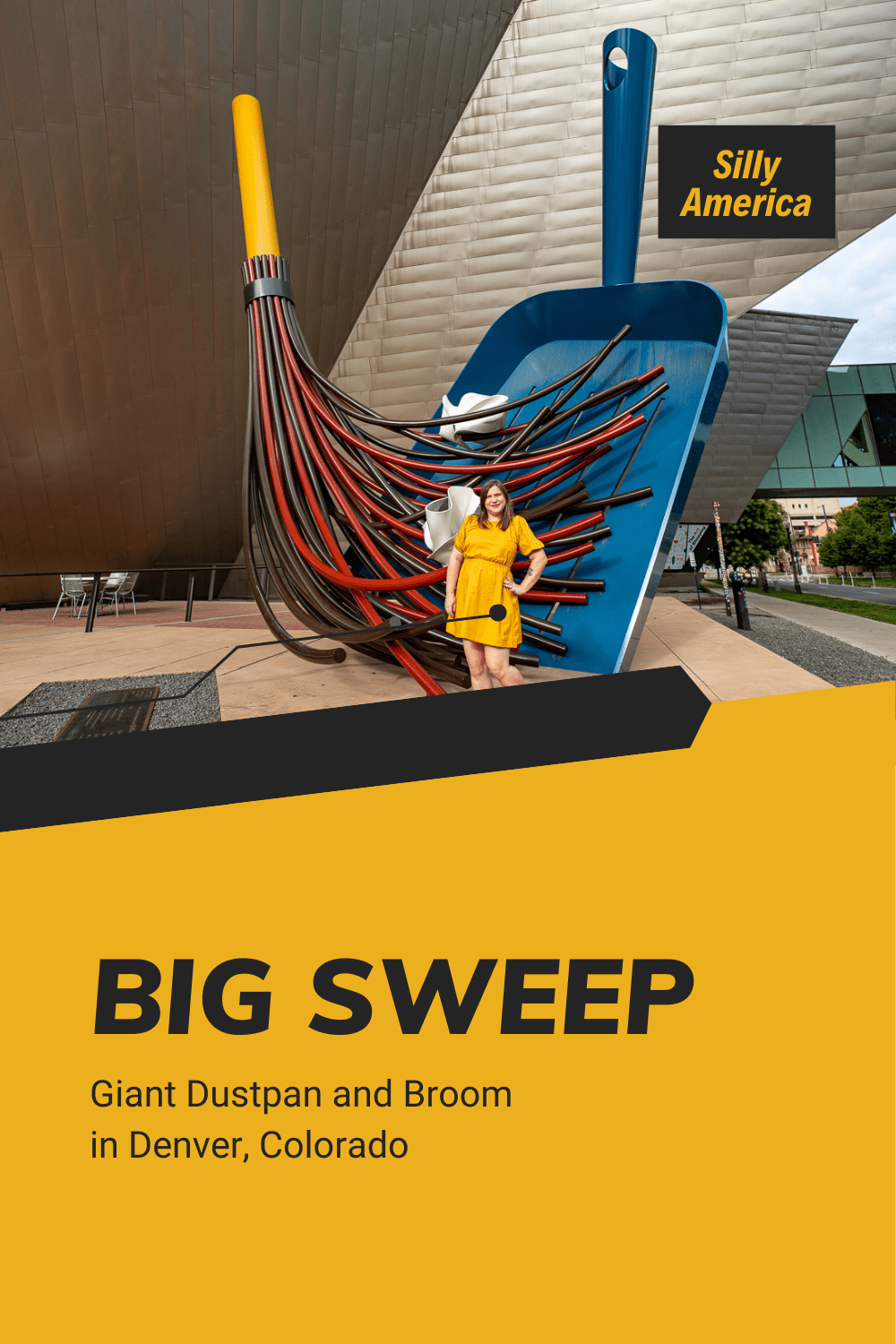 Don't sweep on this Colorado roadside attraction. Big Sweep in Denver, Colorado is a giant dustpan and broom found just outside the Denver Art Museum. The Big Sweep was made by pop artists Claes Oldenburg (1929-2022) and Coosje van Bruggen (1941-2009). The sculptors are known for their oversized renderings of everyday things. #Colorado #Denver #ColoradoRoadTrip #roadTrip #RoadsideAttraction #RoadsideAttractions #ColoradoRoadsideAttraction #ColoradoRoadsideAttractions