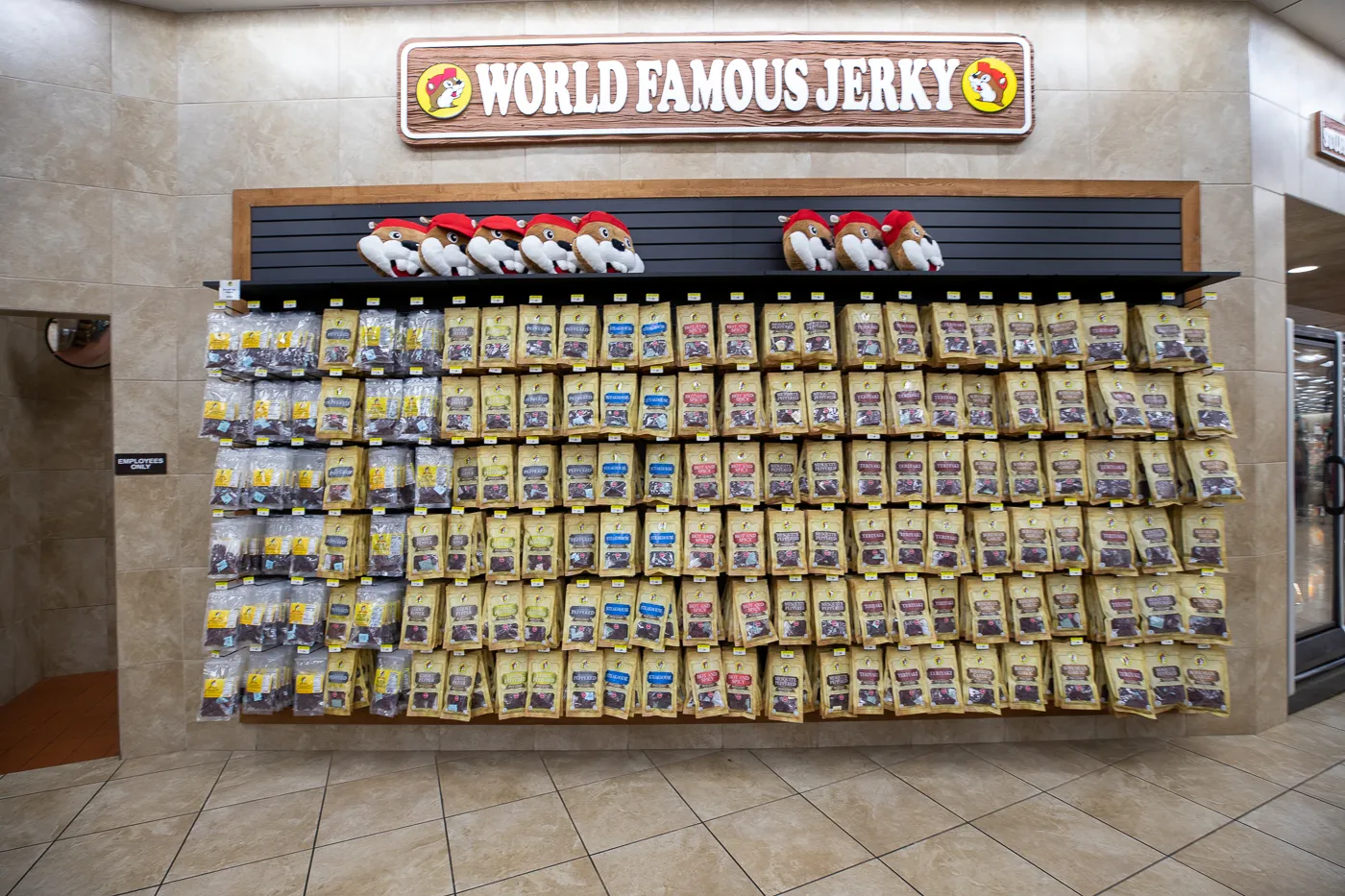 Wall of World Famous Beef Jerky - Buc-ee's in Denton, Texas
