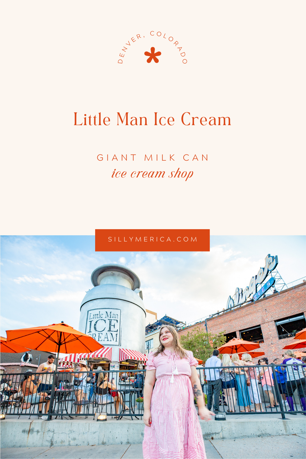 Get the scoop on this Colorado roadside attraction. Little Man Ice Cream in Denver, Colorado serves delicious treats inside of a giant milk can shaped building. It's a sweet stop you can't miss! Located in the Lower Highland neighborhood of Denver (LoHi), the retro ice cream stand is 28-feet tall, 14,000 pounds, and modeled after a 1928-vintage style cream can. #RoadTrip #RoadsideAttraction #RoadsideAttractions #RoadTrips #Denver #Colorado #DenverColorado #IceCream