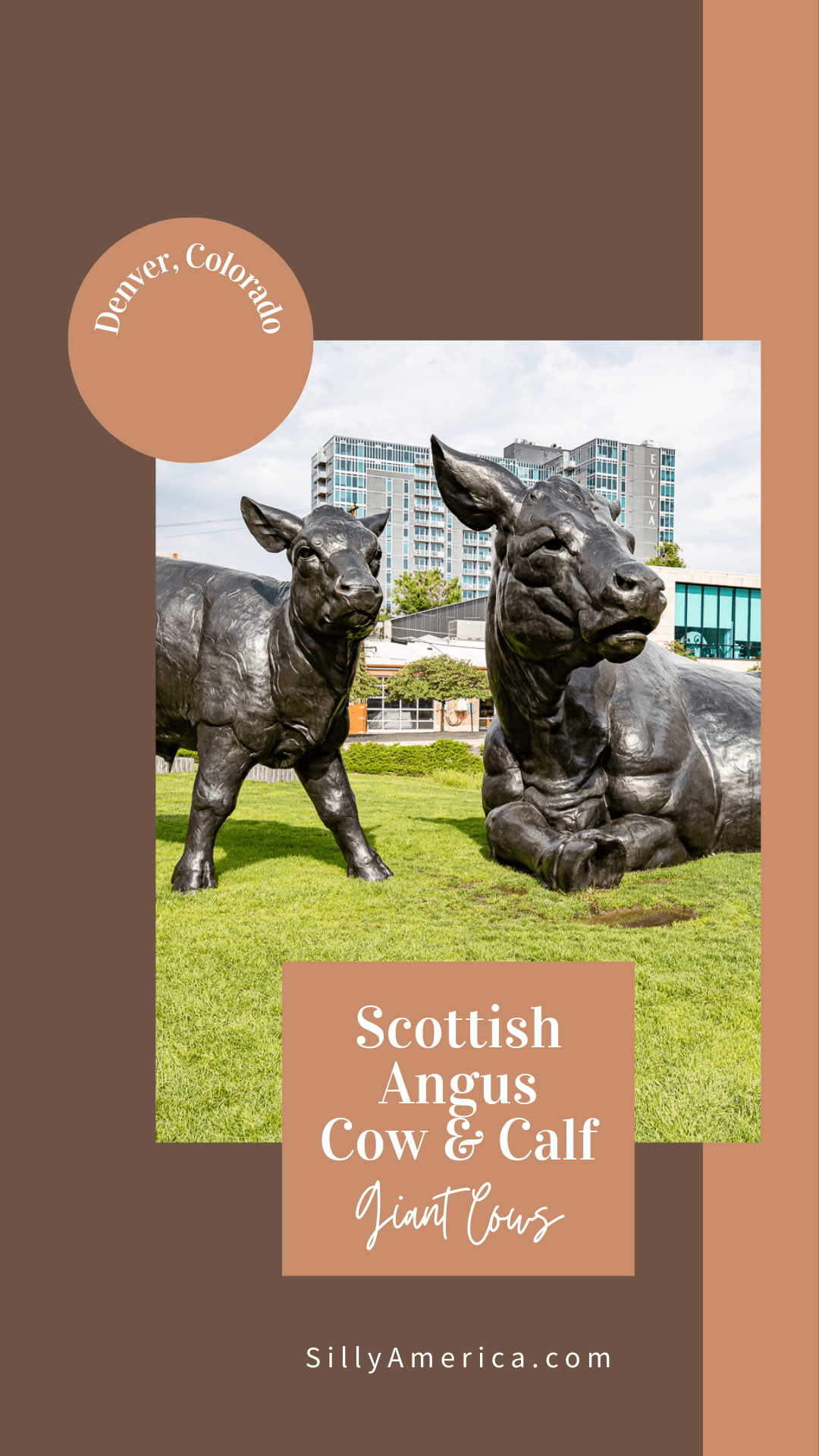 I udderly adore this Denver roadside attraction: Scottish Angus Cow and Calf, the giant cows in Denver, Colorado.Officially titled Scottish Angus Cow and Calf, this big bronze sculpture is more colloquially referred to as The Giant Cows. The sculpture depicts a larger-than-life 13-foot tall Scottish angus cow and her equally oversized 10-foot tall calf taking a lazy nap on the grass. #RoadTrip #RoadsideAttraction #RoadsideAttractions #RoadTrips #Denver #Colorado #DenverColorado