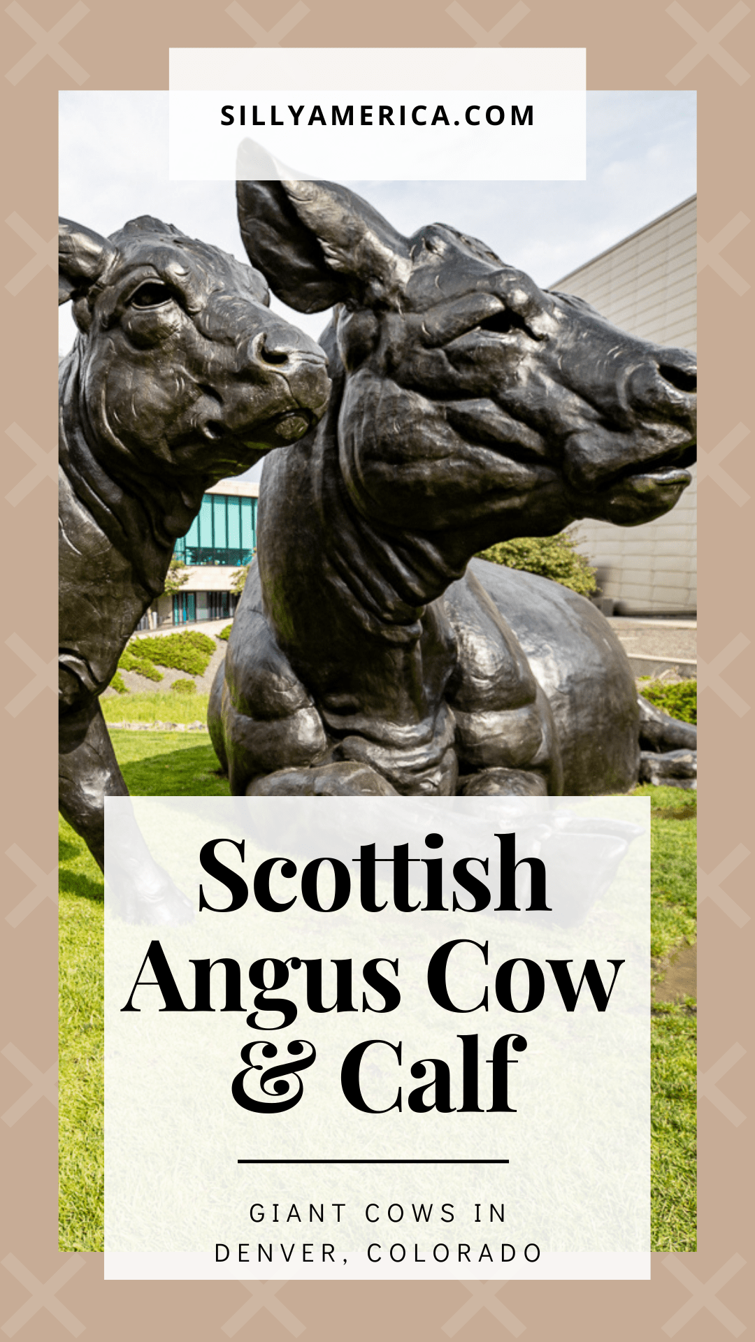 I udderly adore this Denver roadside attraction: Scottish Angus Cow and Calf, the giant cows in Denver, Colorado.Officially titled Scottish Angus Cow and Calf, this big bronze sculpture is more colloquially referred to as The Giant Cows. The sculpture depicts a larger-than-life 13-foot tall Scottish angus cow and her equally oversized 10-foot tall calf taking a lazy nap on the grass. #RoadTrip #RoadsideAttraction #RoadsideAttractions #RoadTrips #Denver #Colorado #DenverColorado