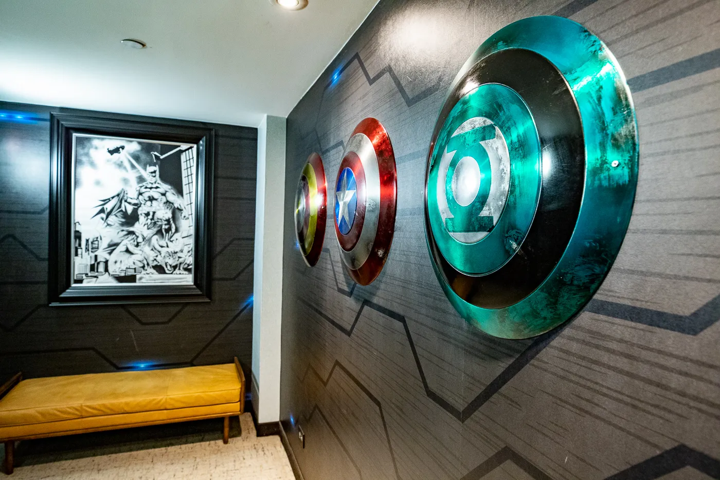 Avengers shields on the superhero floor of The Curtis Hotel - a Themed Hotel in Denver, Colorado