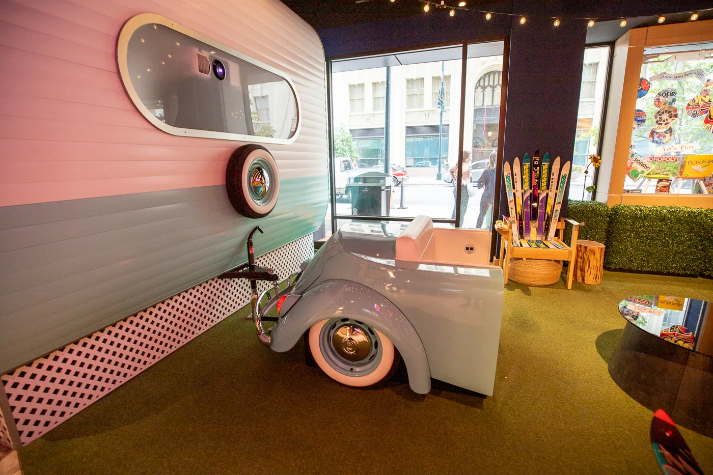 Blue Camper and VW Bug Seat at The Curtis Hotel - a Themed Hotel in Denver, Colorado