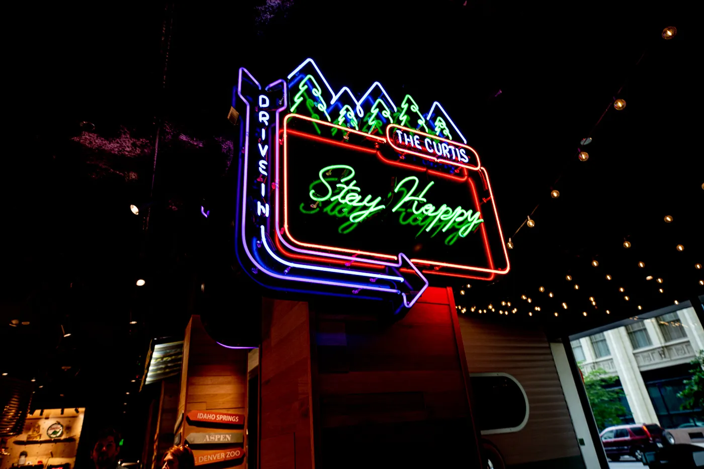 Stay Happy Neon Sign at The Curtis Hotel - a Themed Hotel in Denver, Colorado