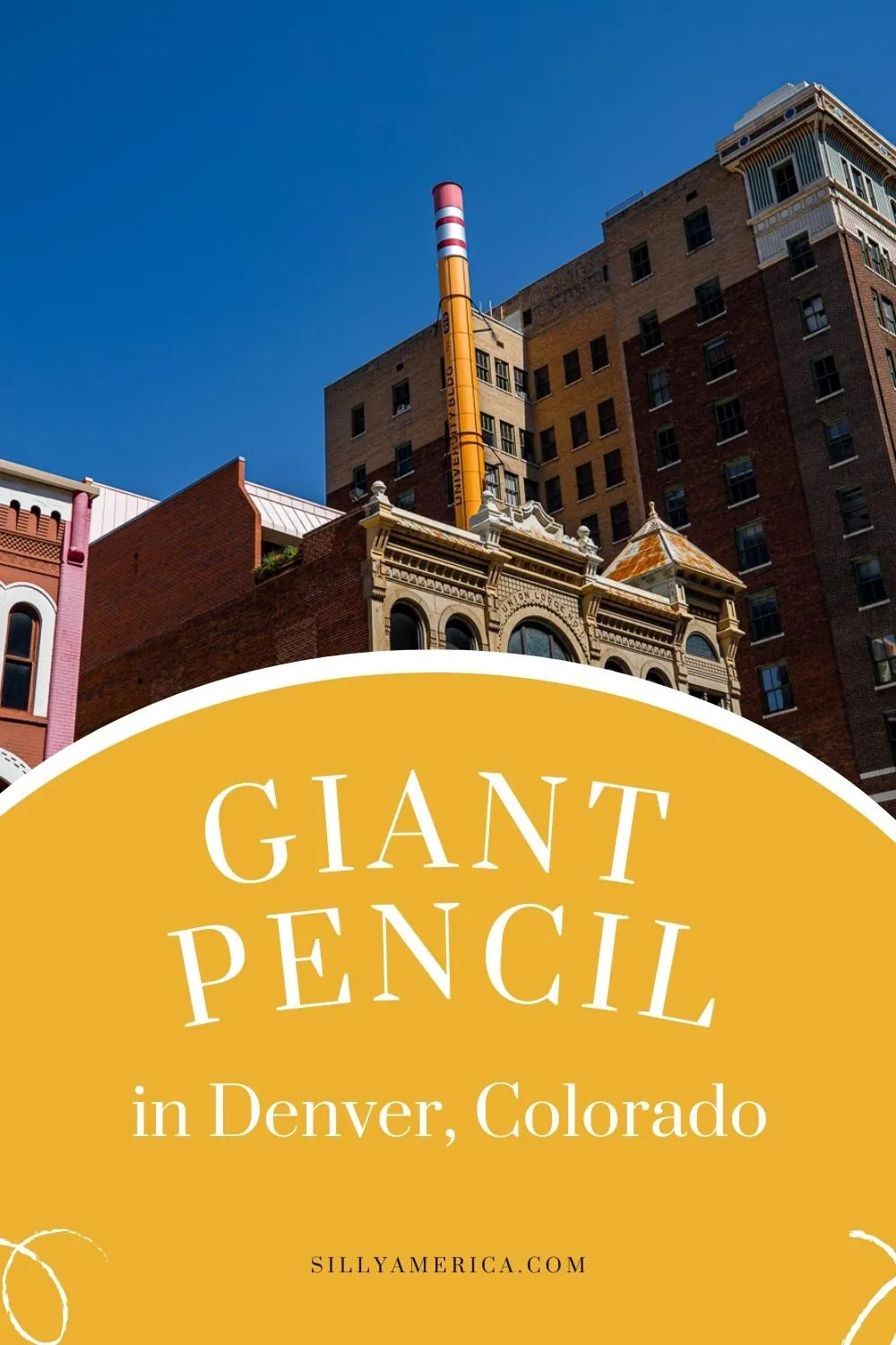 Visiting Denver? Don't erase Colorado this roadside attraction from your itinerary. The Giant Pencil in Denver, Colorado is definitely a big draw! This 15-story tall pencil is actually a smokestack. Visit this Denver roadside attraction on your Colorado road trip or vacation! #RoadsideAttraction #RoadsideAttractions #DenverRoadsideAttraction #ColoradoRoadsideAttraction #RoadTrip #RoadTripStop #DenverRoadTrip #ColoradoRoadTrip