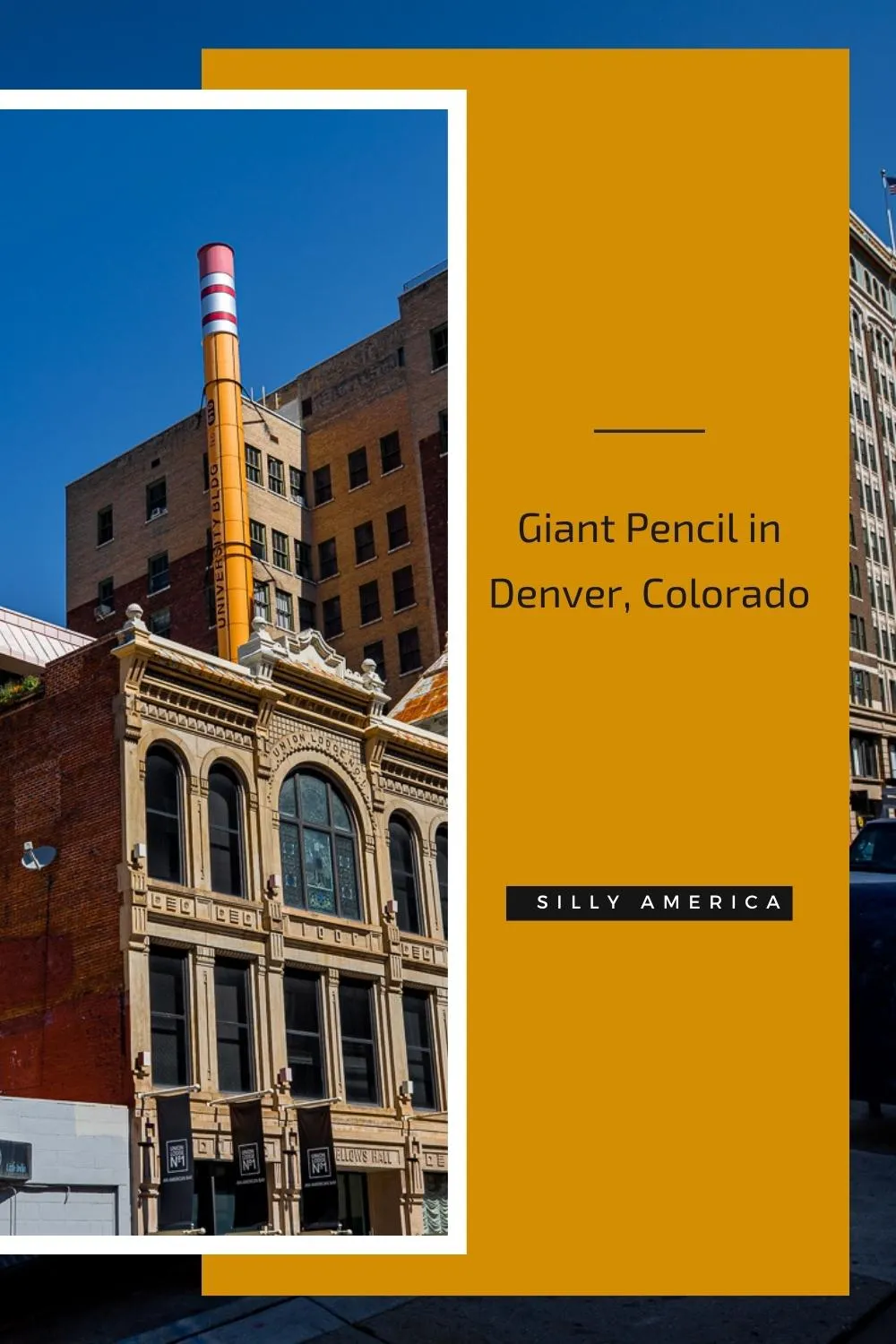 Visiting Denver? Don't erase Colorado this roadside attraction from your itinerary. The Giant Pencil in Denver, Colorado is definitely a big draw! This 15-story tall pencil is actually a smokestack. Visit this Denver roadside attraction on your Colorado road trip or vacation! #RoadsideAttraction #RoadsideAttractions #DenverRoadsideAttraction #ColoradoRoadsideAttraction #RoadTrip #RoadTripStop #DenverRoadTrip #ColoradoRoadTrip