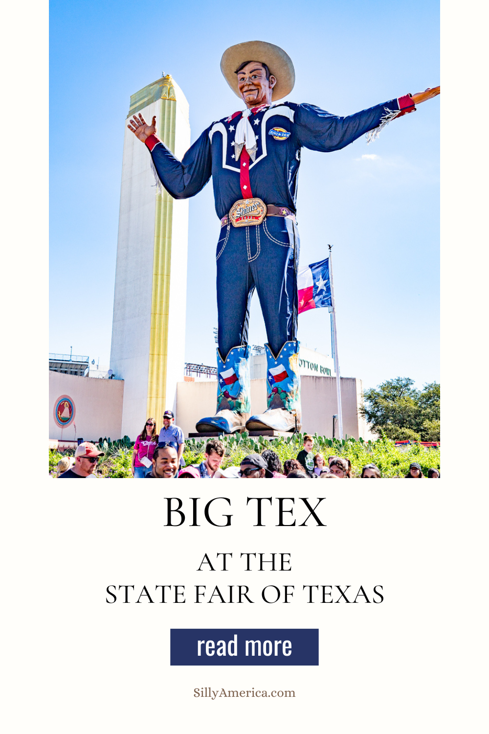 "Howdy, Folks!" This roadside attraction might just be the most recognizable man in Texas, which is saying a lot considering he only makes a brief appearance each year. Big Tex in Dallas, Texas is an icon and ambassador who has been delighting visitors to the State Fair of Texas since 1952. Visit this Texas roadside attraction on your Texas road trip to the state fair! #StateFair #RoadsideAttraction #StateFairOfTexas #Texas #TexasRoadsideAttraction #RoadTrip