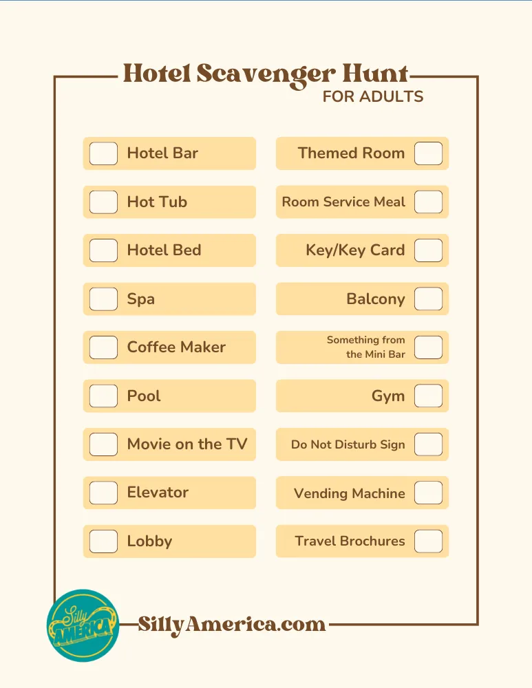 Hotel Scavenger Hunt for Adults Ideas and Printable Game Sheet