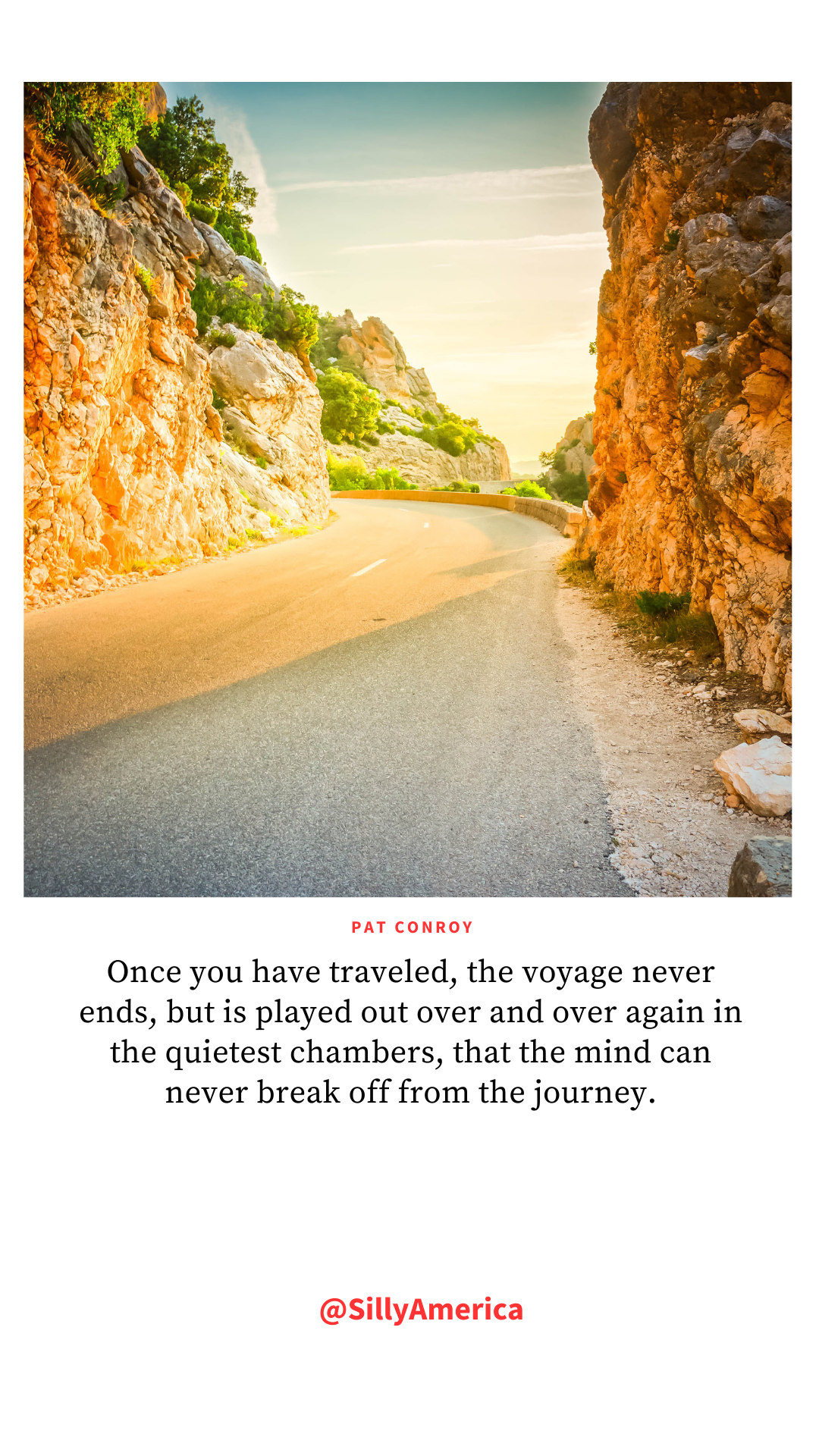 “Once you have traveled, the voyage never ends, but is played out over and over again in the quietest chambers, that the mind can never break off from the journey.” Pat Conroy, The Prince of Tides