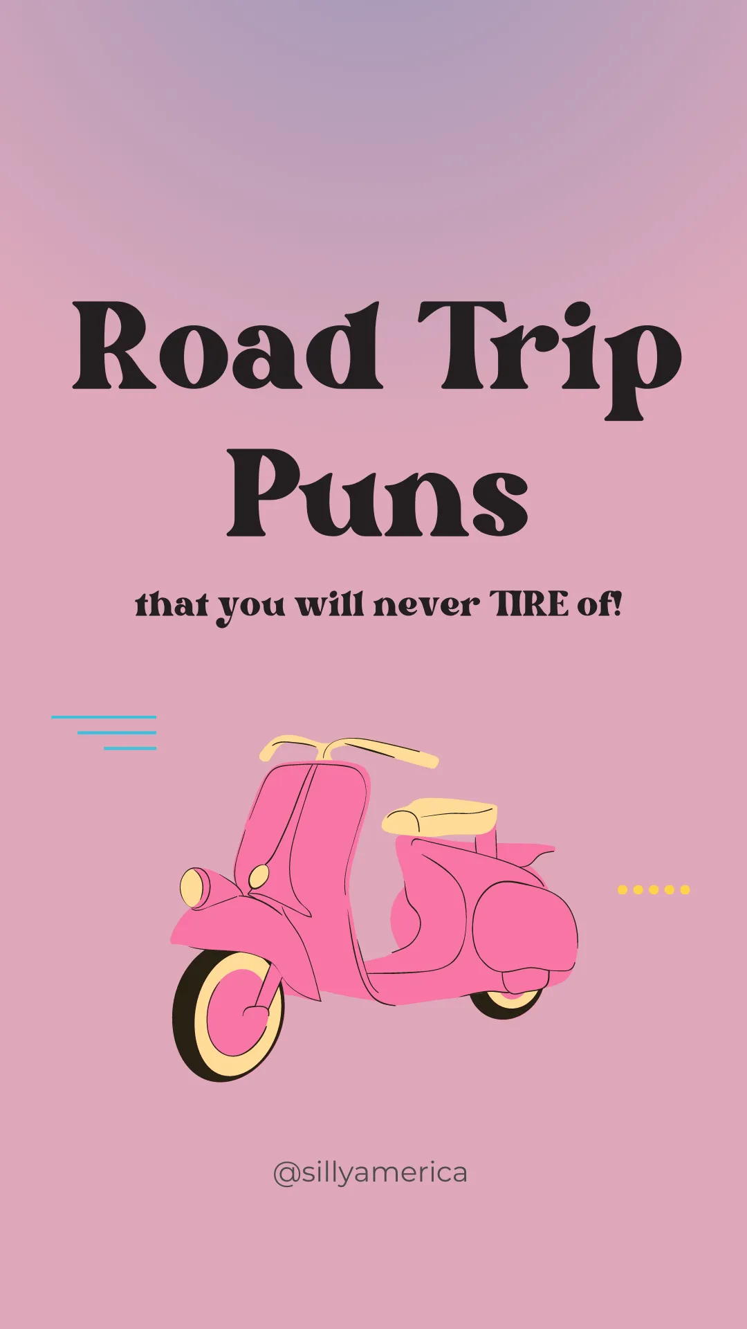 I never get TIREd of making road trip puns! So I tried WHEELy hard to come up with some dad-joke worthy wordplay that will have you laughing out loud in the car. Use these funny road trip puns as funny Instagram captions for your travel photos or just to have a good chuckle. #Pun #Puns #RoadTrip #RoadTrips #RoadTripPuns #Funny #Jokes